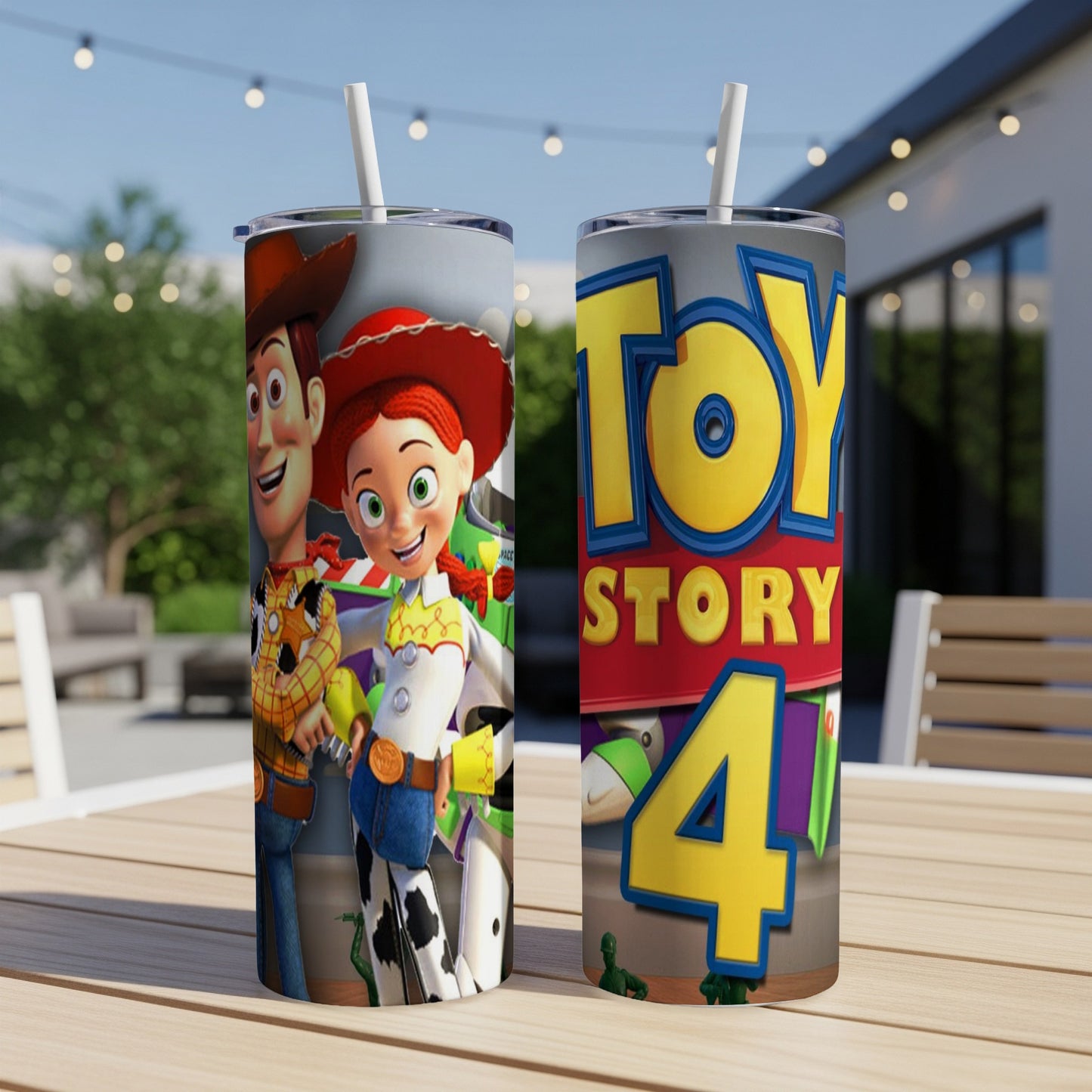 Toy Story 4 characters and logo on two tumblers.