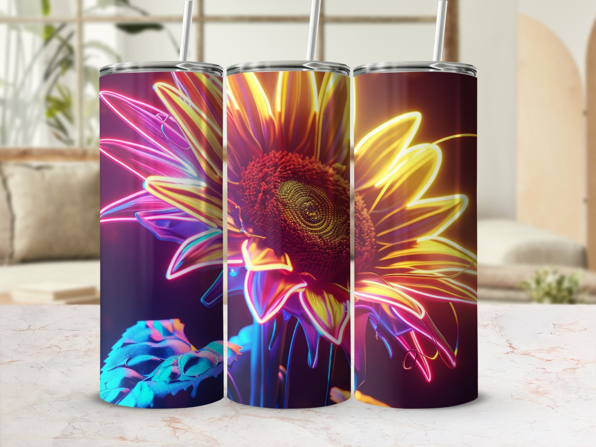 Sunflower design on three insulated tumblers with straws.