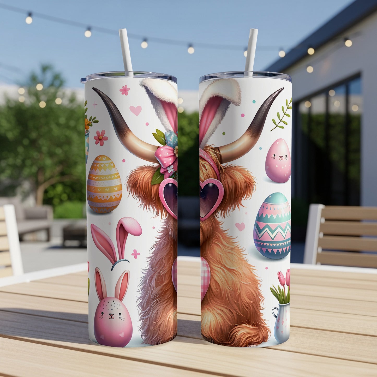 Highland cow with bunny ears and heart sunglasses on Easter-themed tumbler.