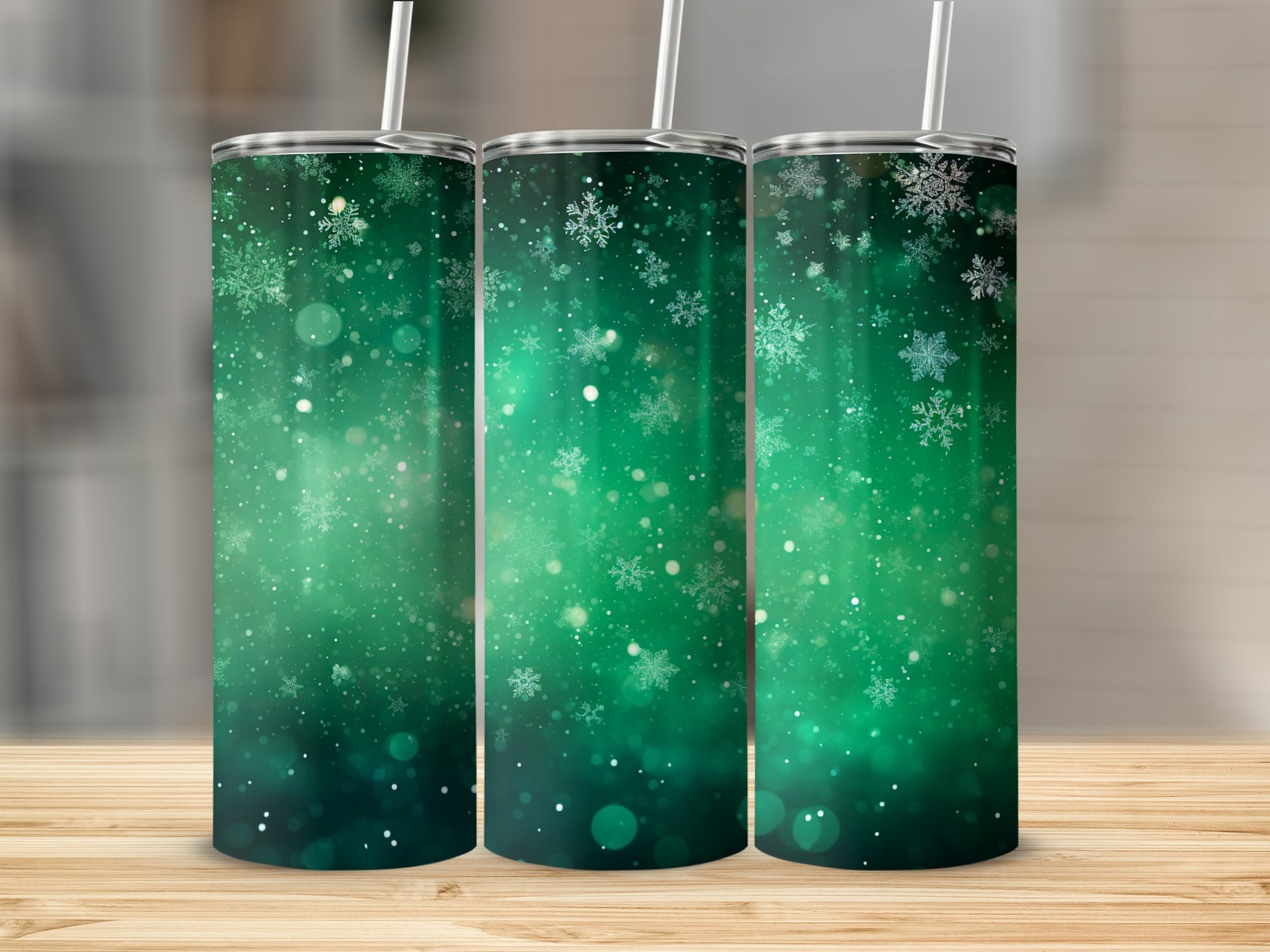 Green Snowflake Design Tumbler with Straw 20oz