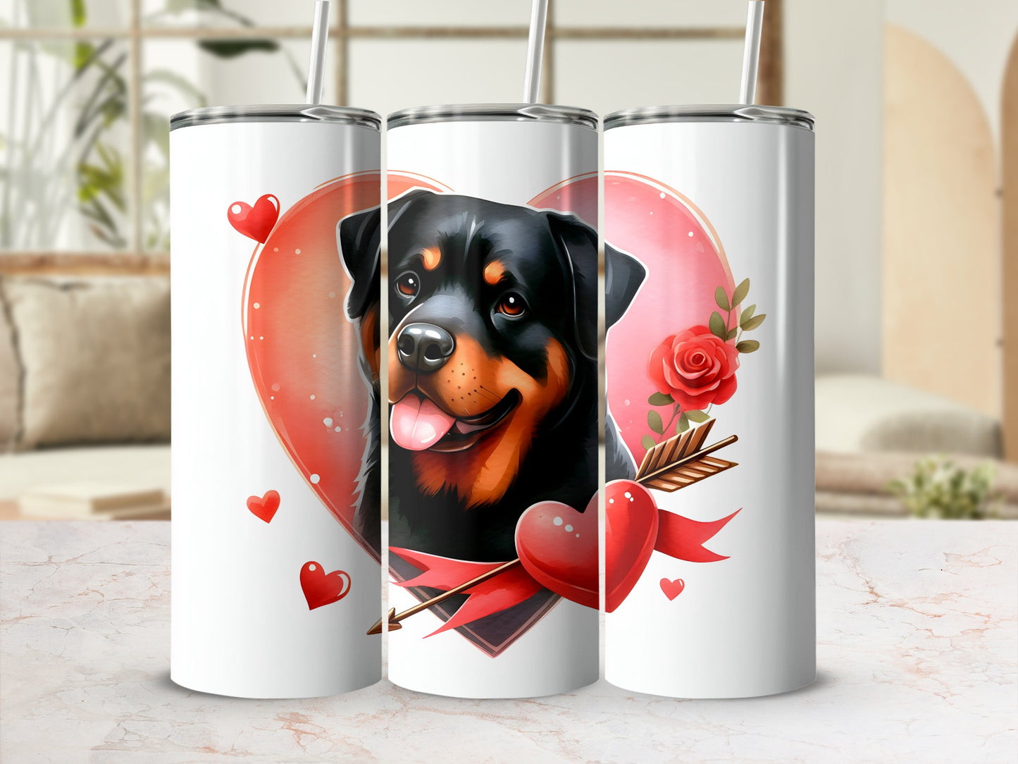 Rottweiler portrait on white tumbler with red heart and roses.