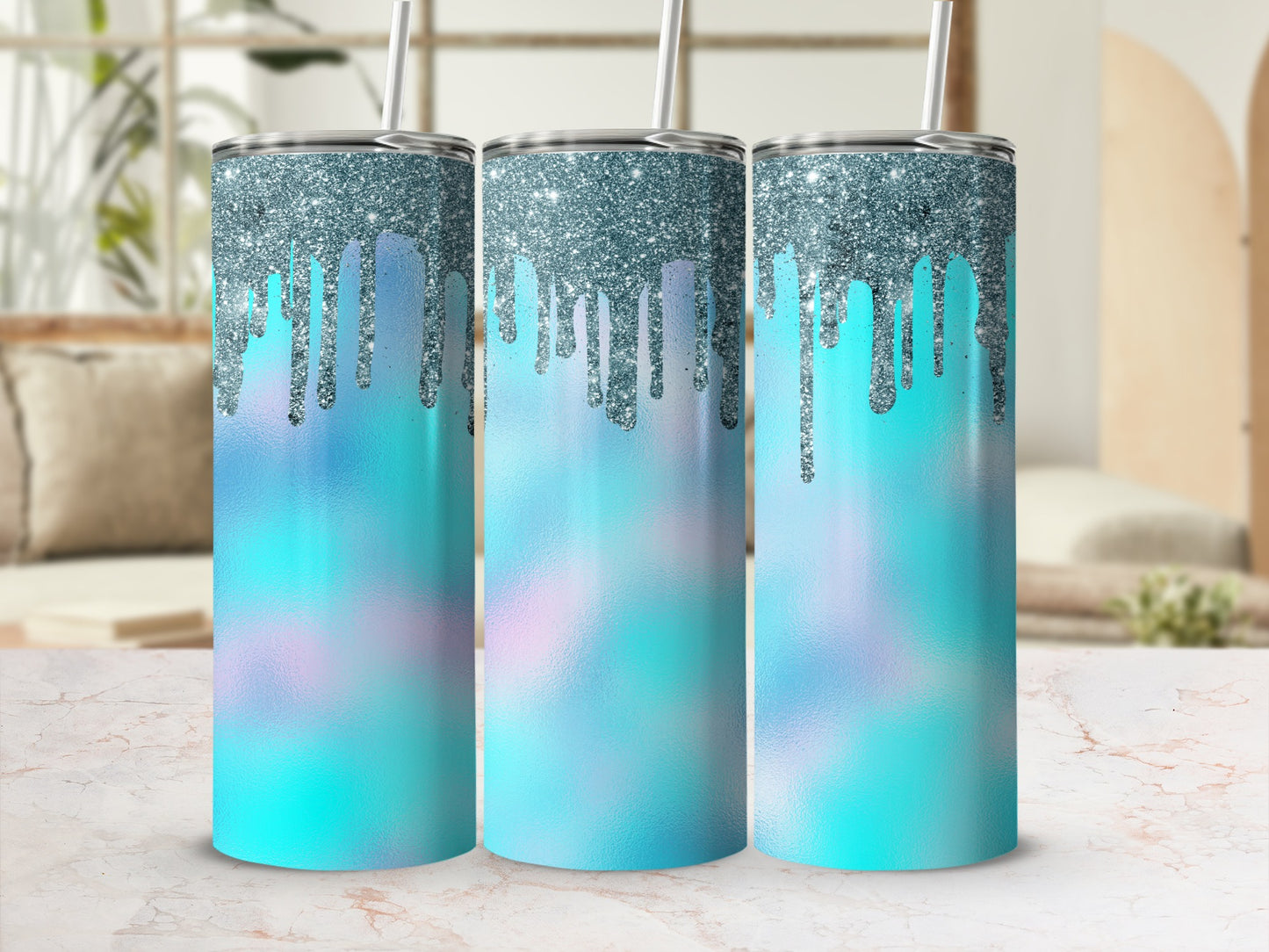 Three tumblers with blue-green gradient and glitter drip design.