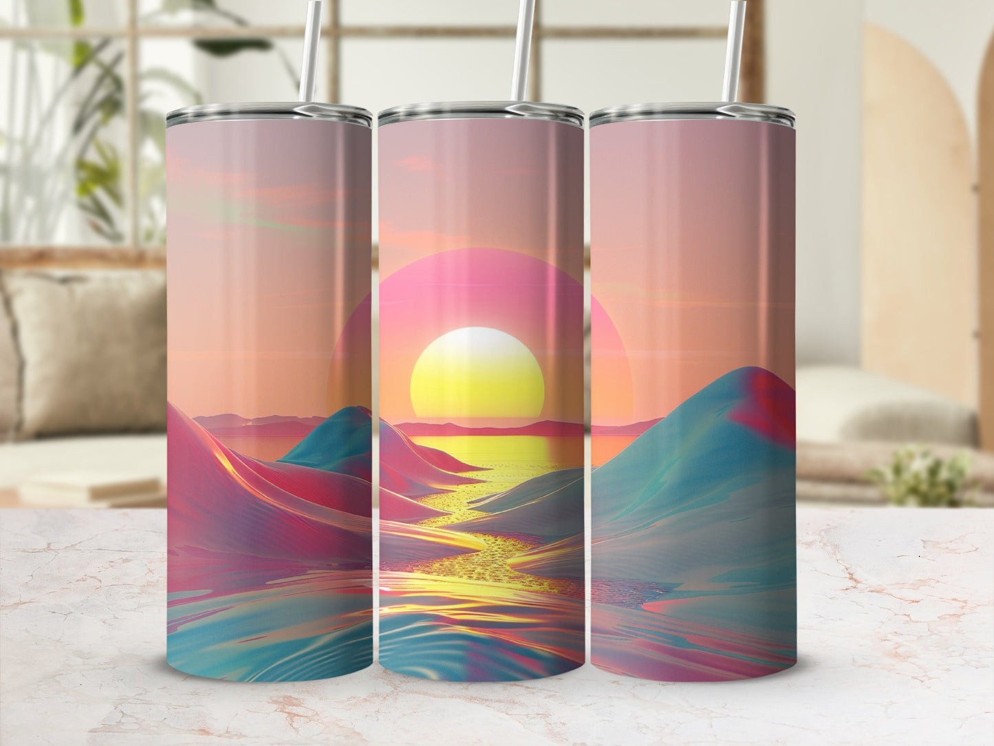 Colorful abstract landscape with sun setting over wavy mountains and water.