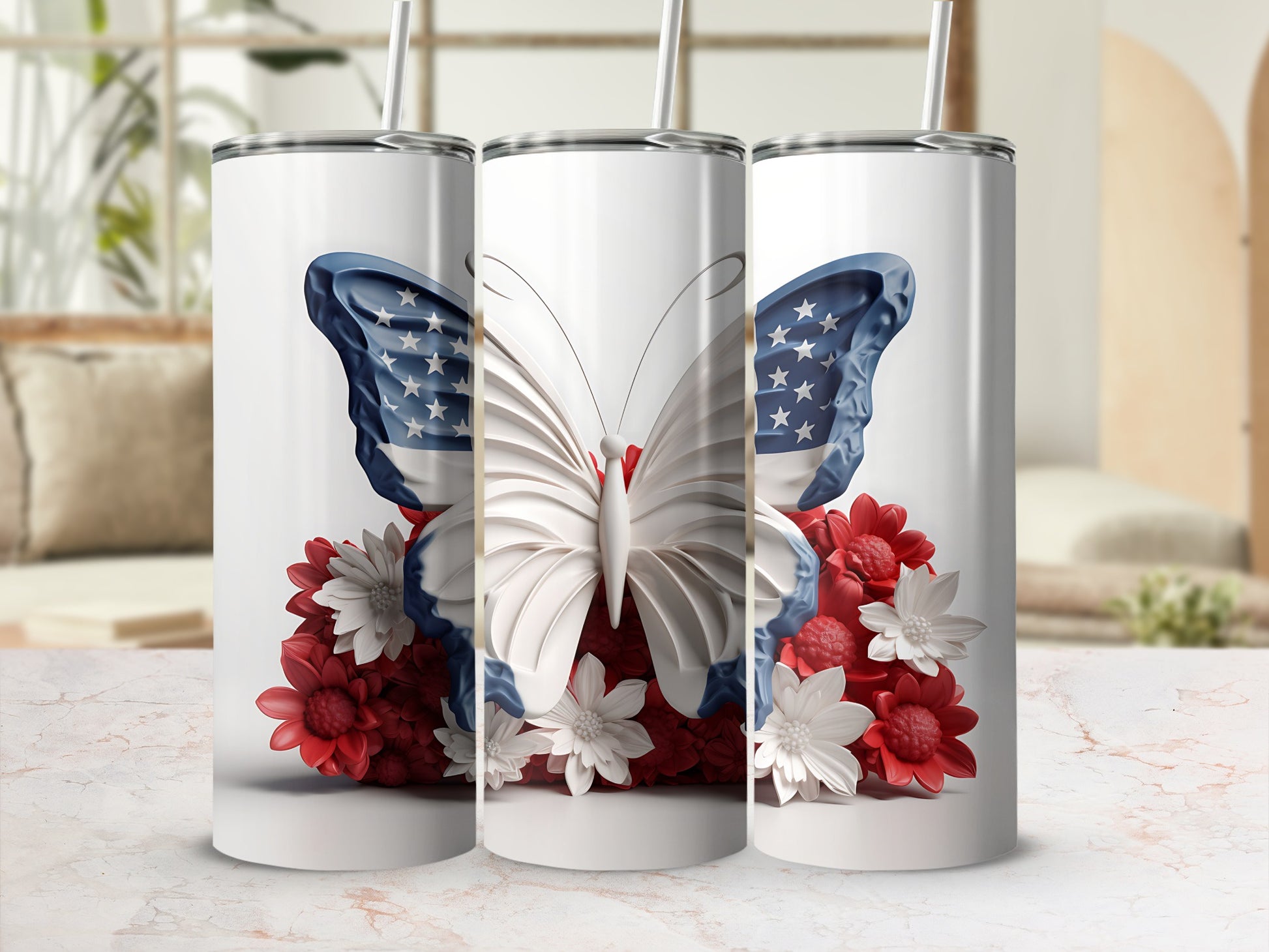 Tumbler with American flag butterfly and red and white flowers.