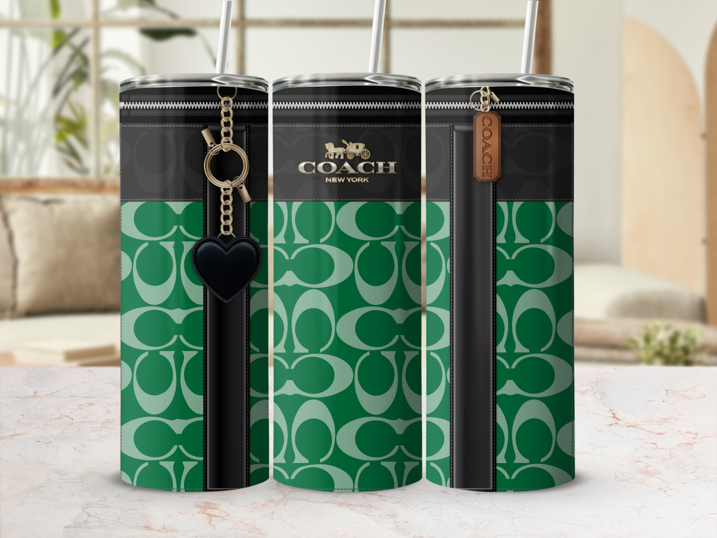 Coach New York Green Pattern Tumbler with Zipper Design
