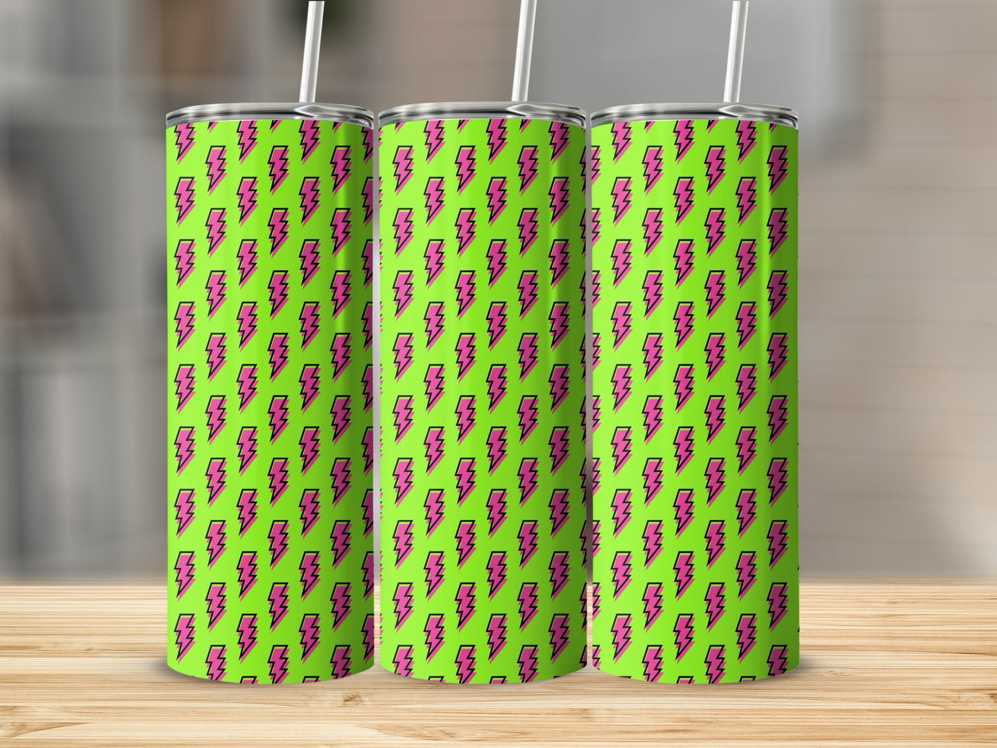 Three tumblers with a neon green background and repeating pink lightning bolt pattern.