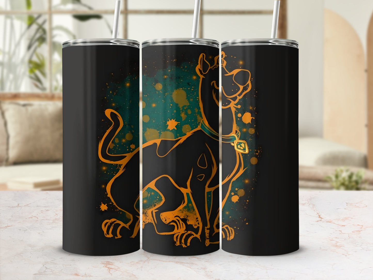 Black tumbler with Scooby-Doo graphic and green splatter pattern.