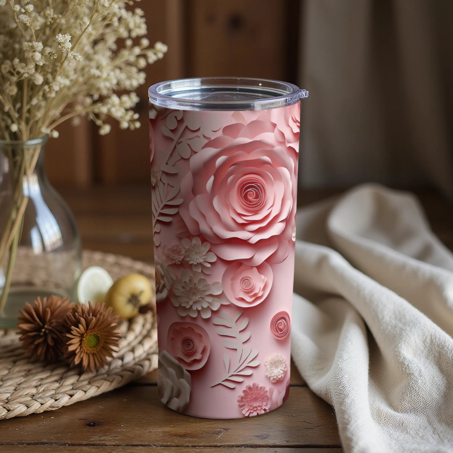 Elegant Pink Floral Design Insulated Travel Tumbler