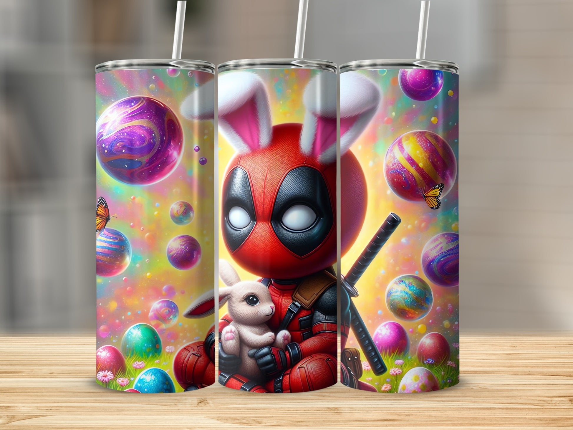 Chibi Deadpool Bunny Easter Eggs Colorful Scene Tumbler product type