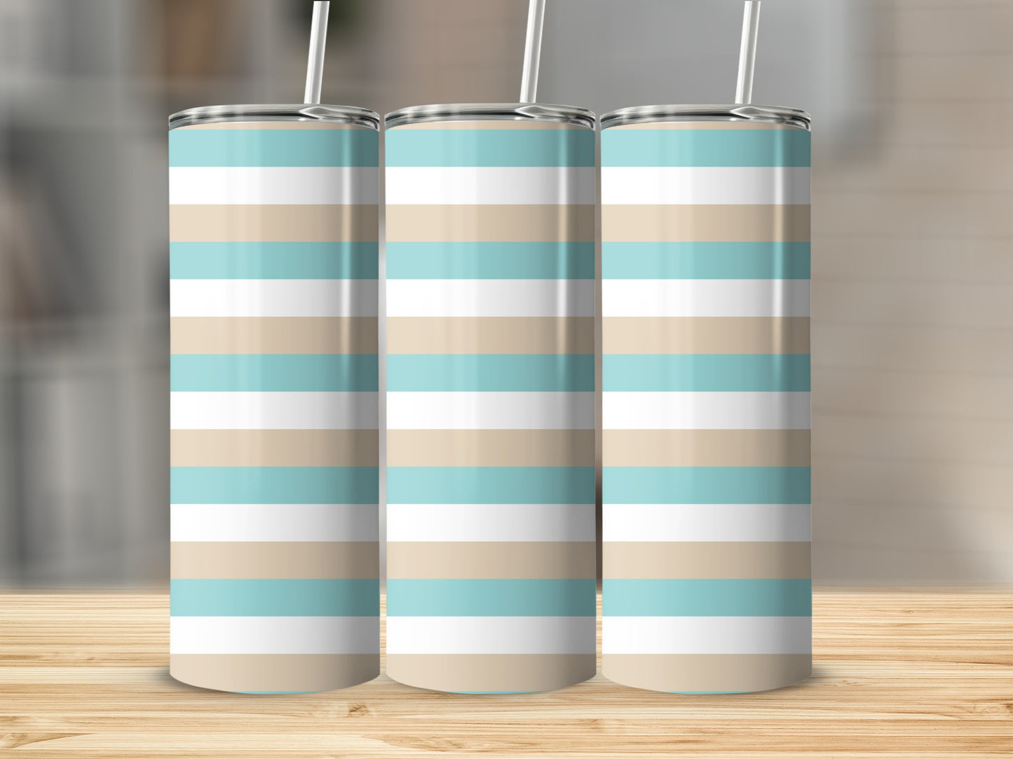 Three striped tumblers with blue, beige, and white horizontal bands.
