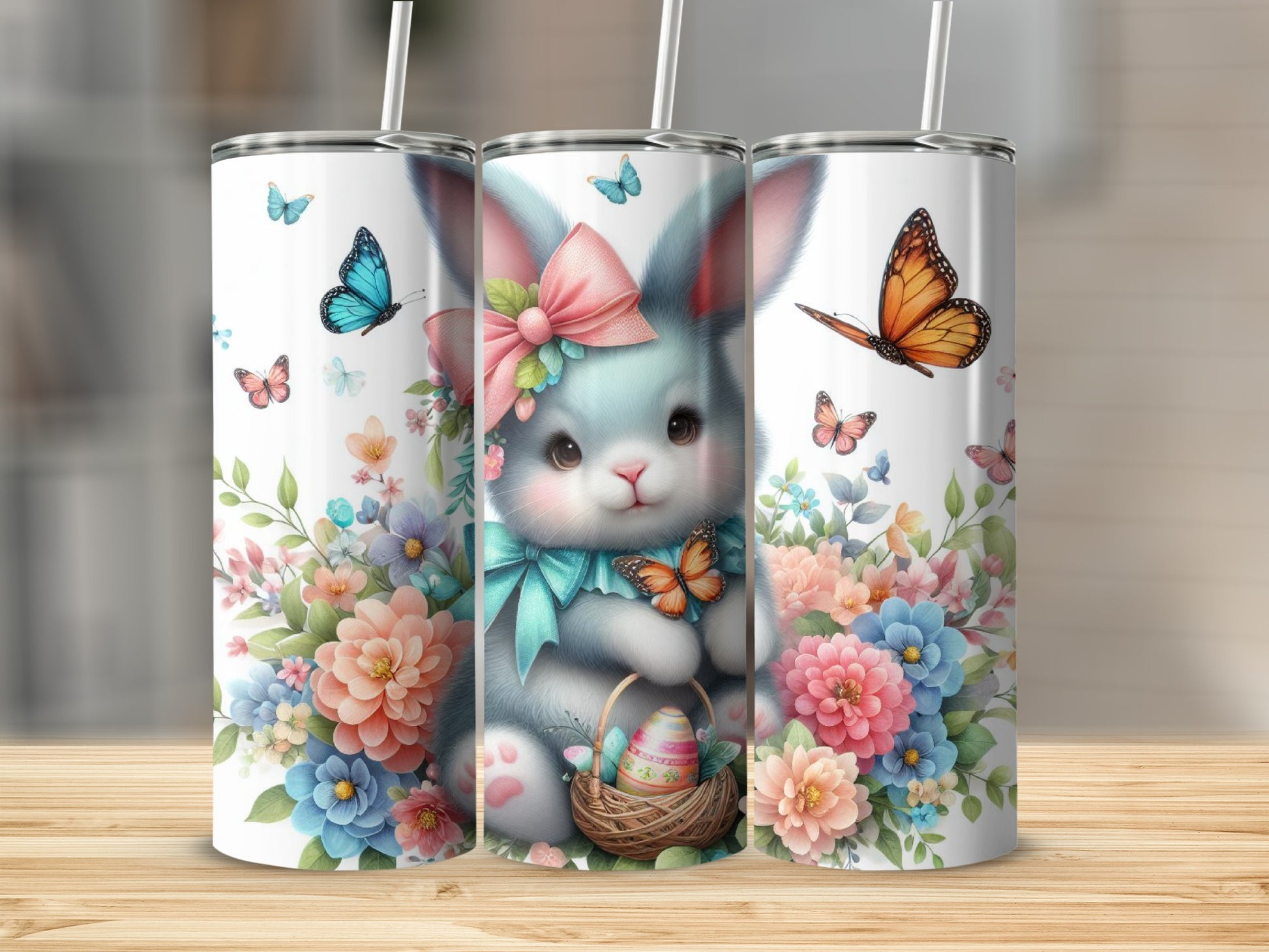 Cute bunny with Easter egg and butterflies on white tumbler.