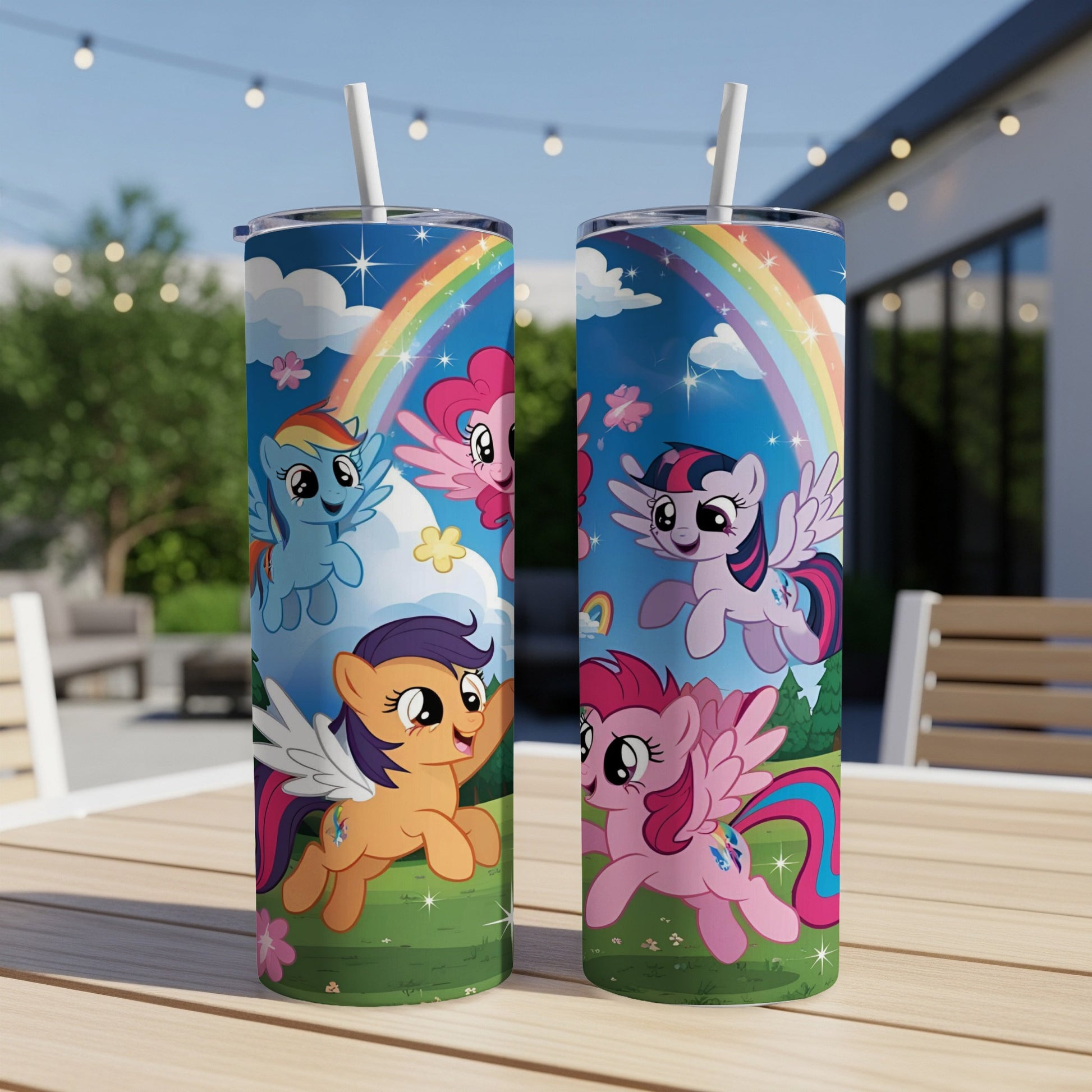 Two My Little Pony tumblers with characters on a grassy background with a rainbow.
