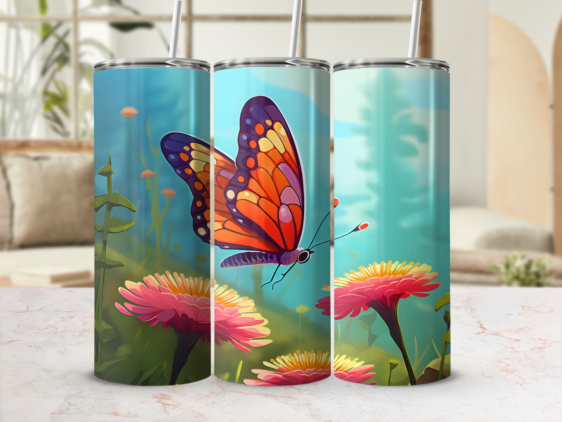 Three tumblers featuring a colorful butterfly and vibrant flowers.