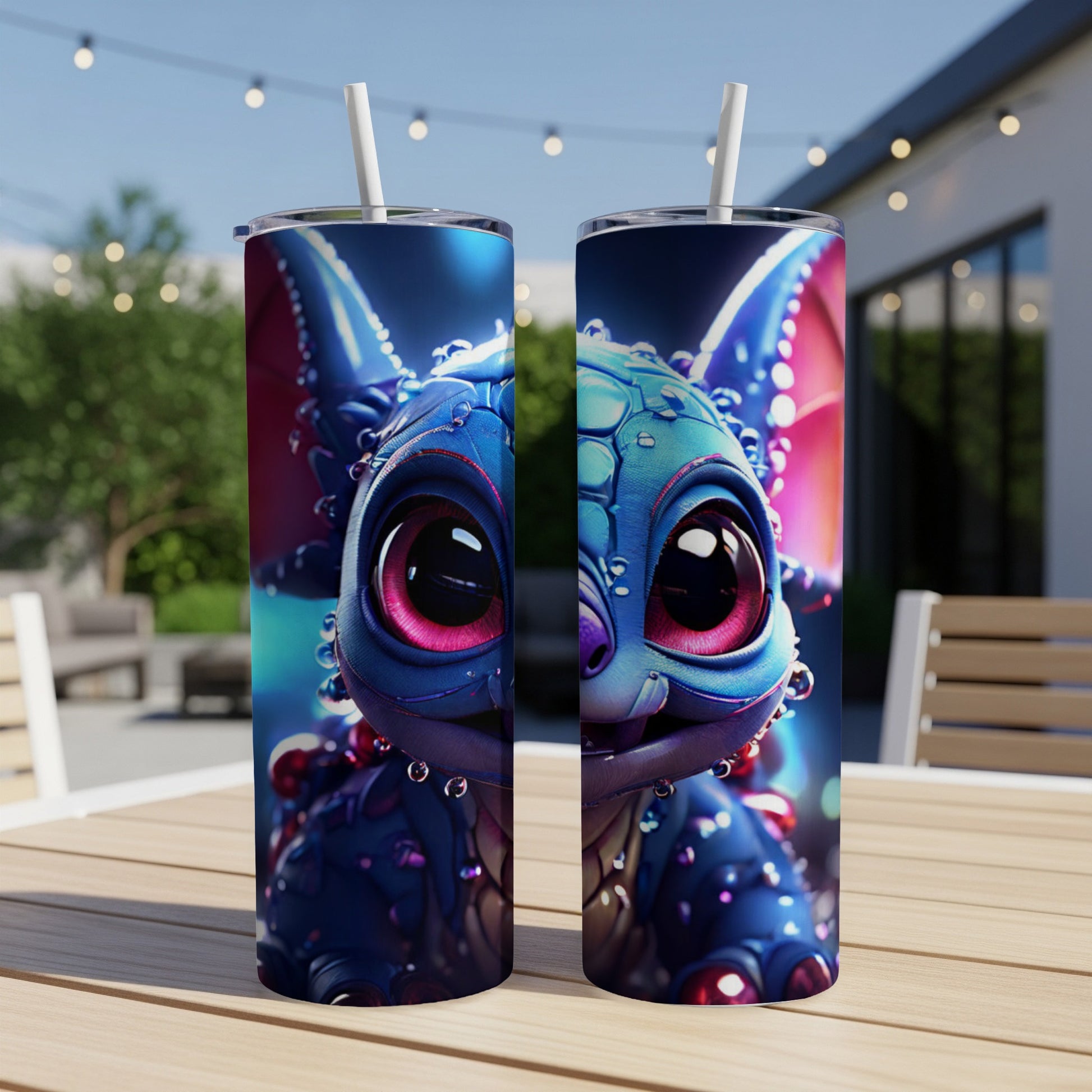 Blue alien creature with large pink eyes on a tumbler.
