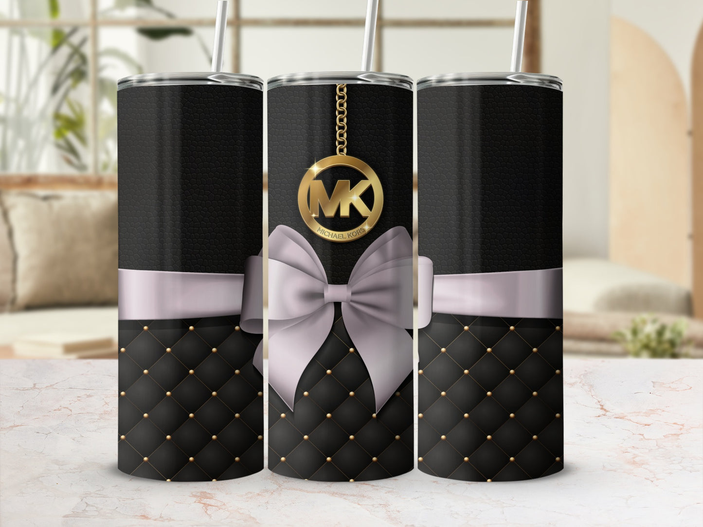 Elegant Black and Gold Quilted Tumbler with MK Accent