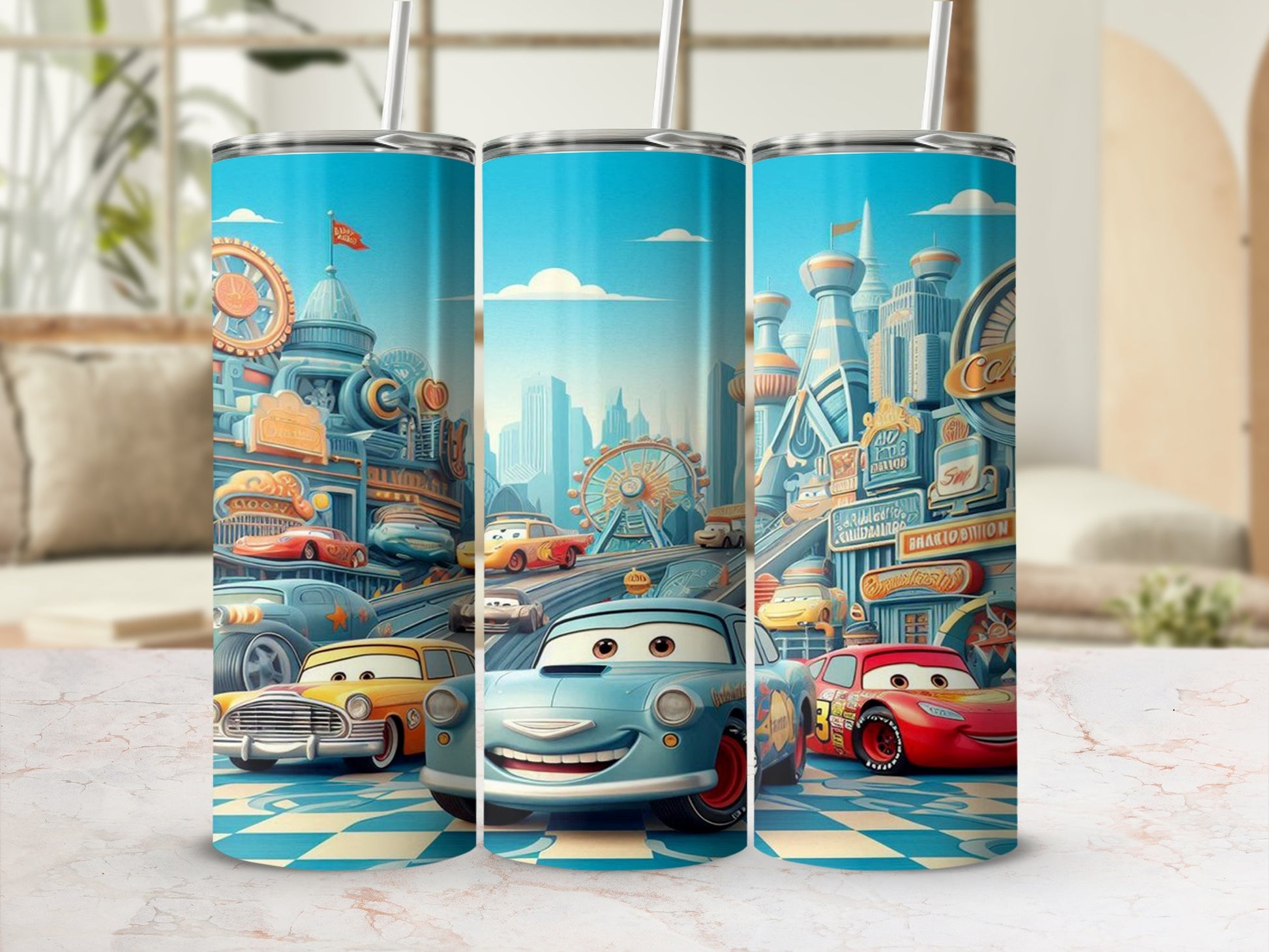 Colorful Cartoon Cars Cityscape Design Tumbler Mug