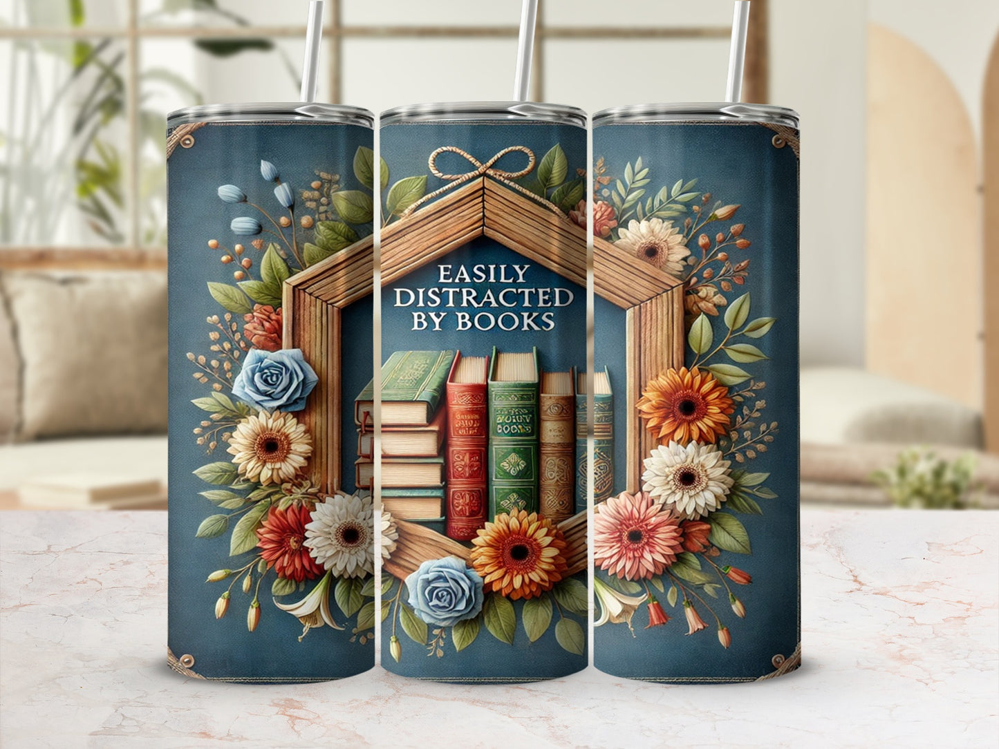 Easily Distracted By Books Floral Design Tumbler