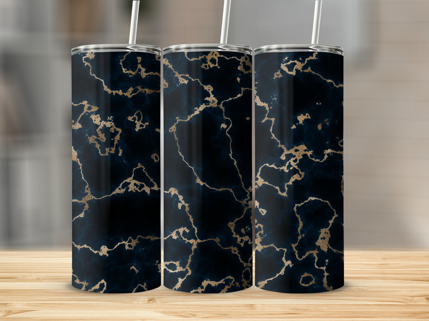 Navy and Gold Textured Abstract Marbling Design Tumblers
