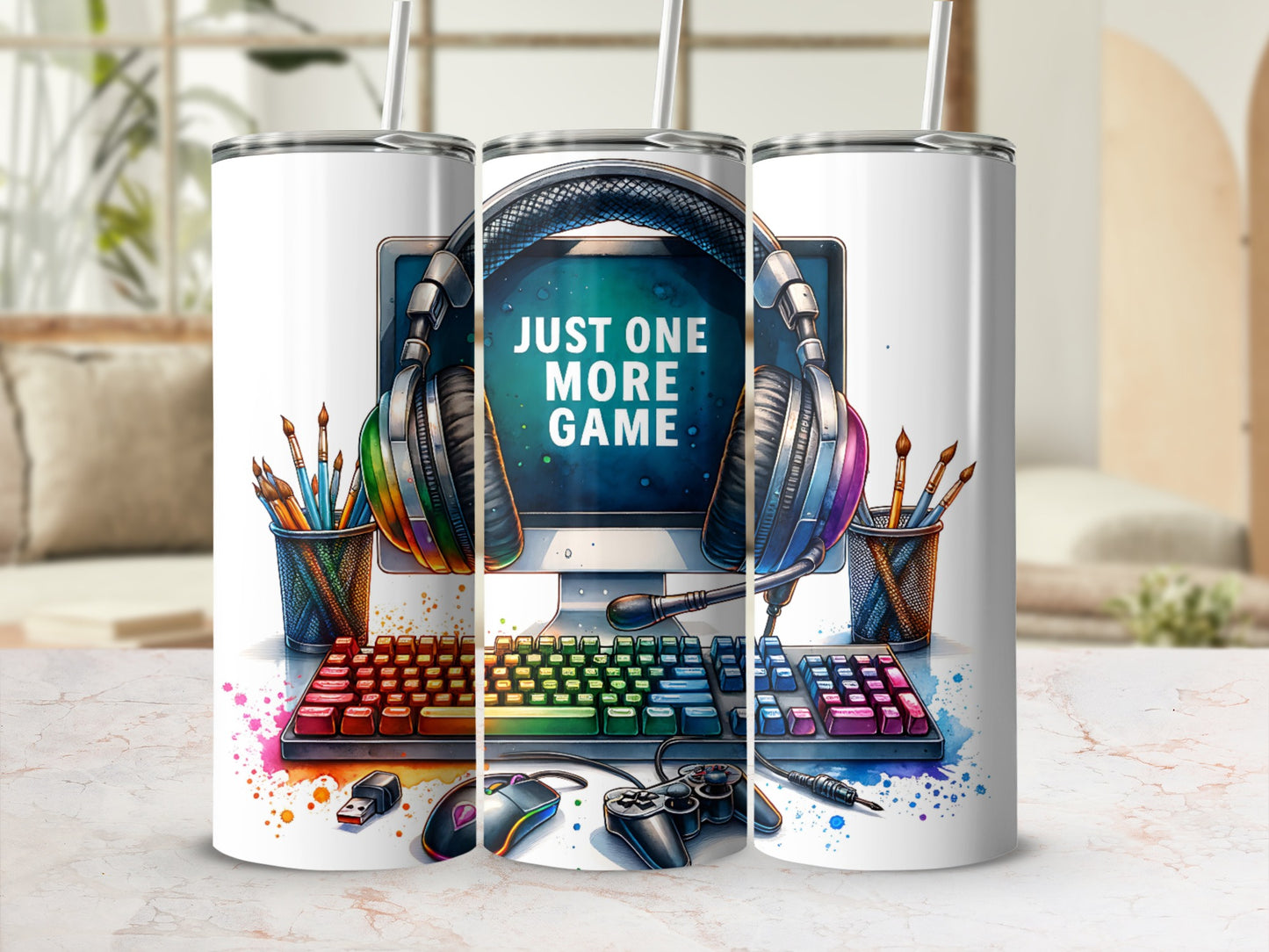 Gaming desktop computer with rainbow keyboard, headphones, and controller, "Just One More Game" text.