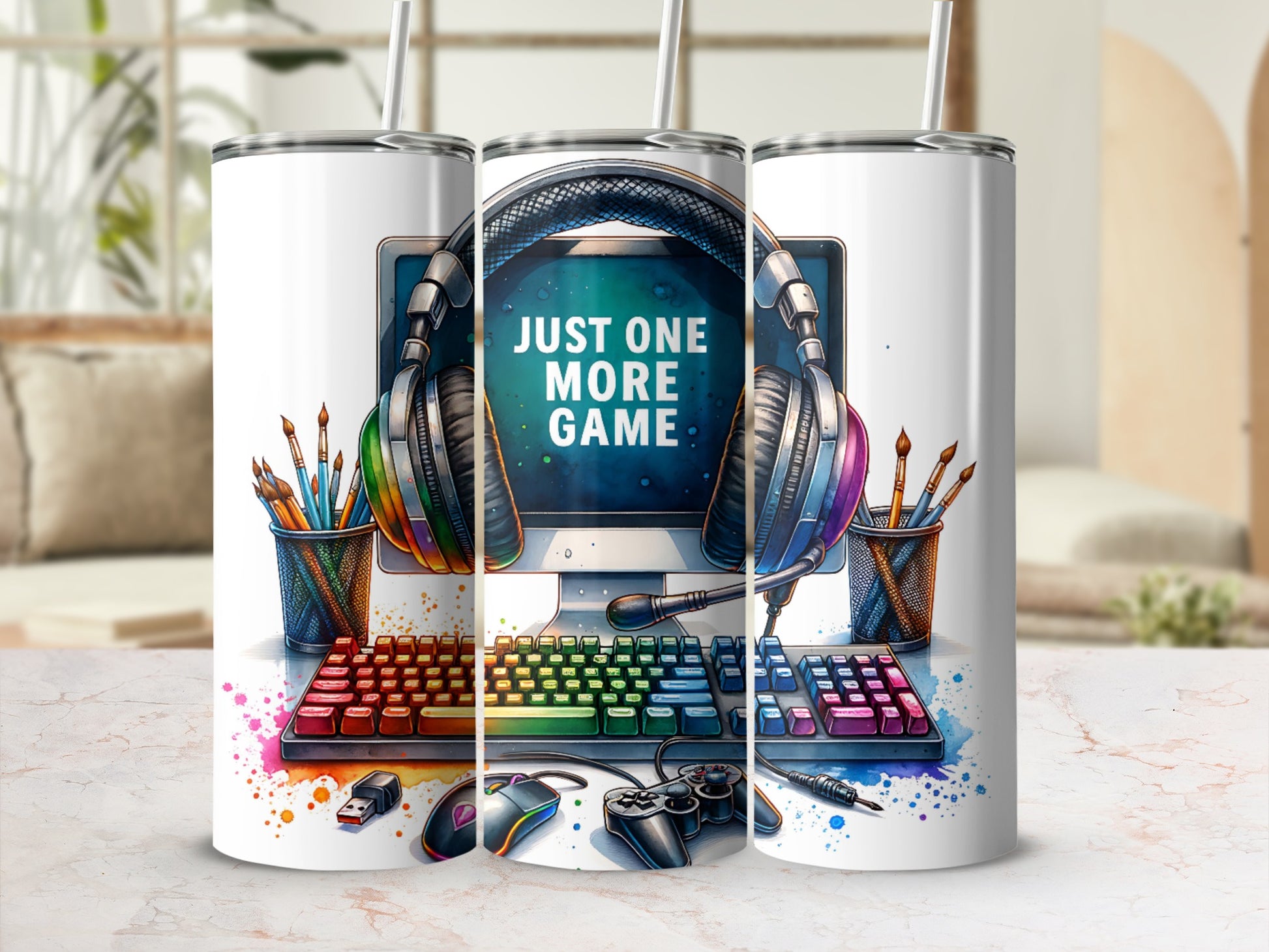 Gaming desktop computer with rainbow keyboard, headphones, and controller, "Just One More Game" text.