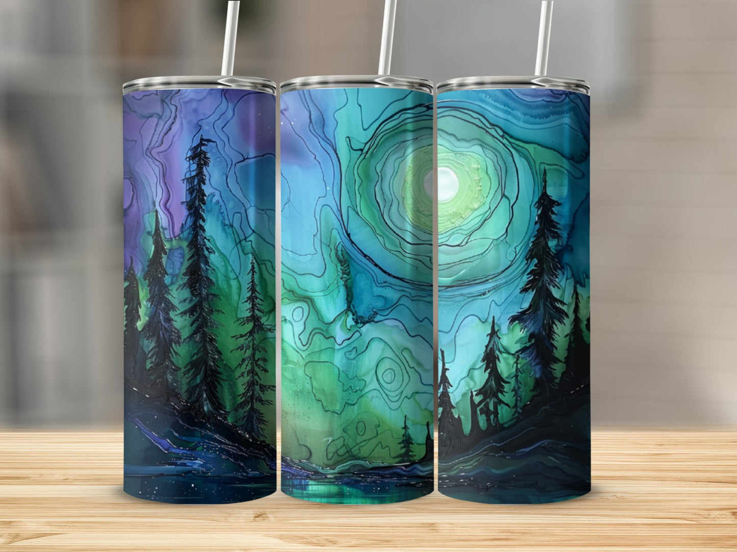Three tumblers displaying a swirling, colorful aurora over a dark forest landscape.