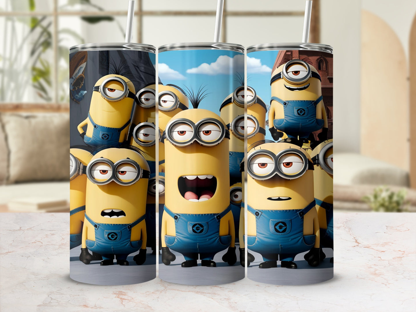 Minions characters with goggles and blue overalls on a tumbler.