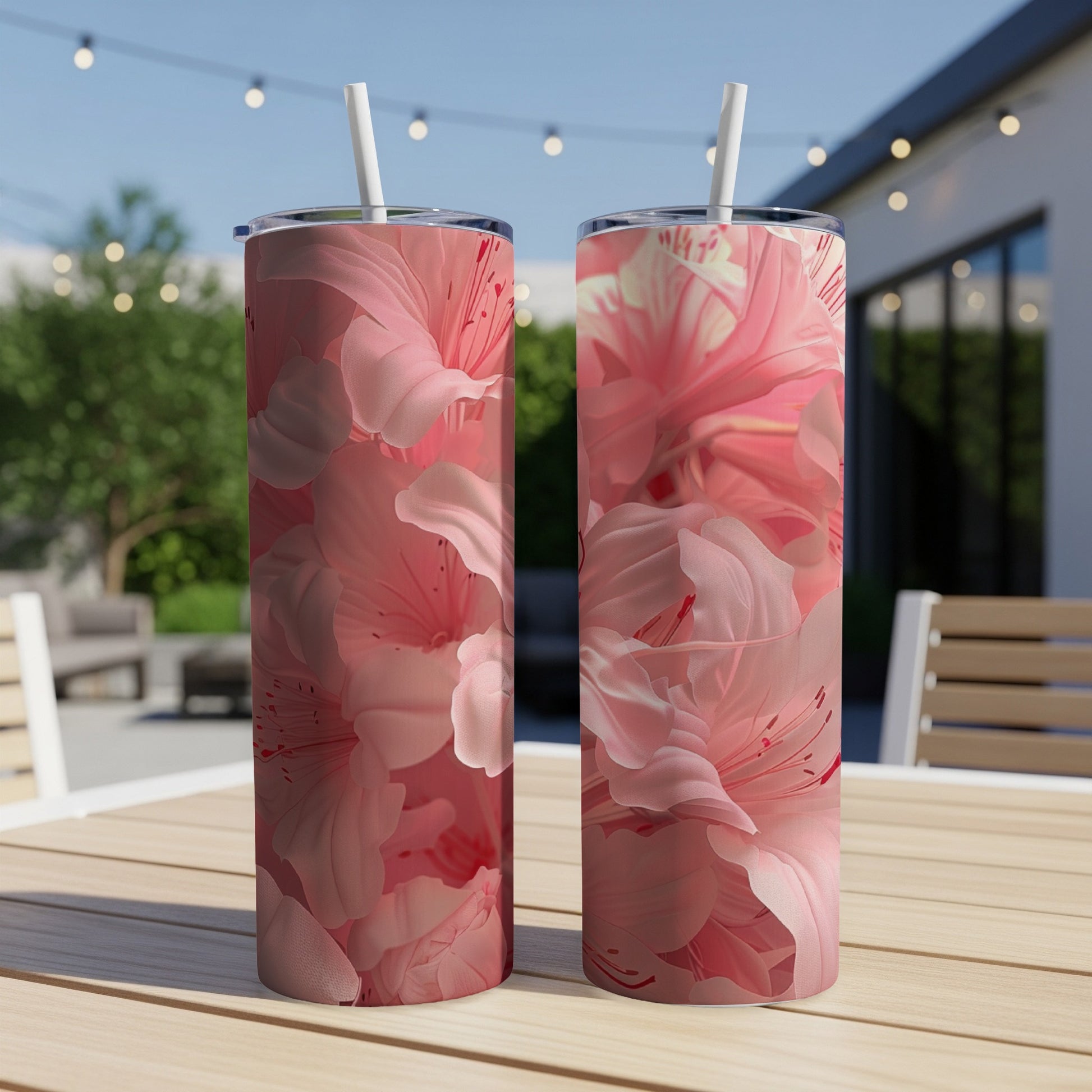 Two pink floral patterned tumblers on a wooden table.