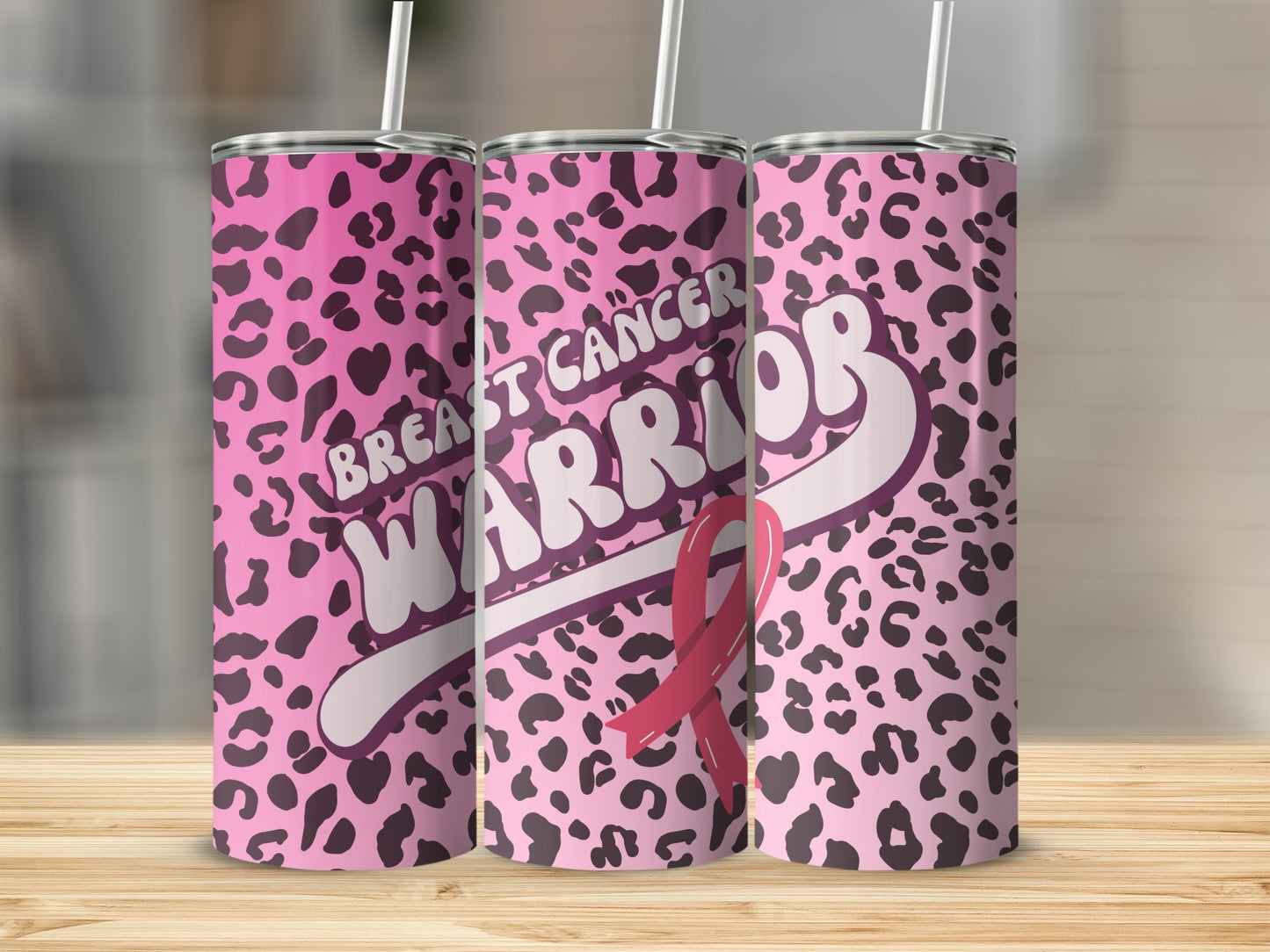 Pink leopard print tumbler with "Breast Cancer Warrior" text and a ribbon.