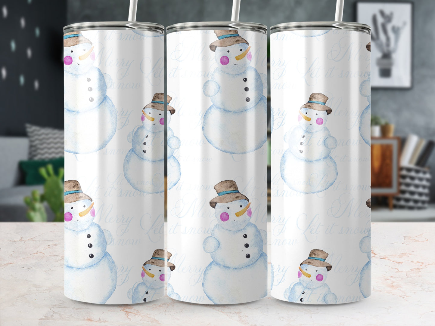 White snowman pattern with "Merry Christmas" text on a tumbler.