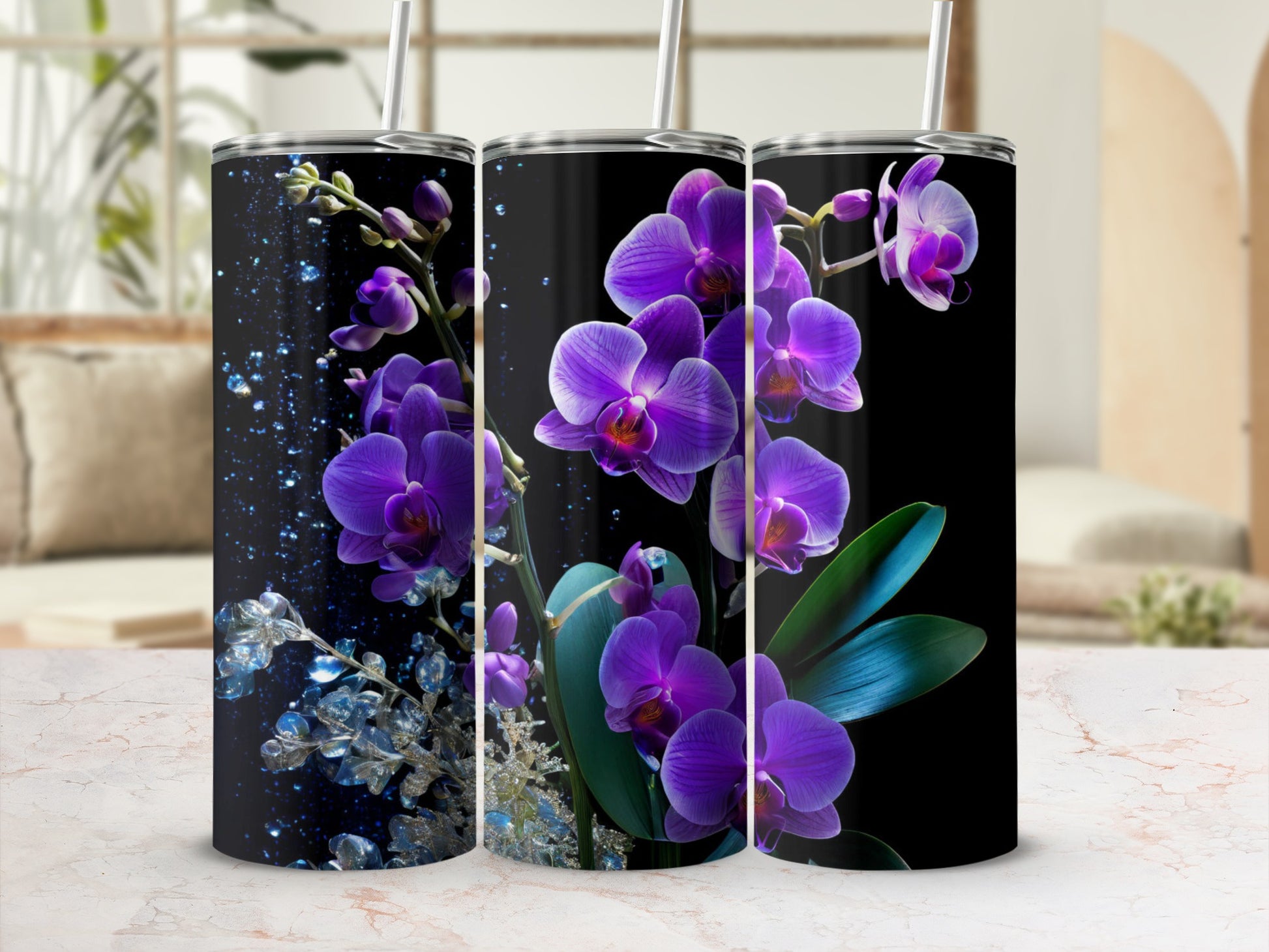 Purple orchids and abstract blue bubbles on a dark tumbler.
