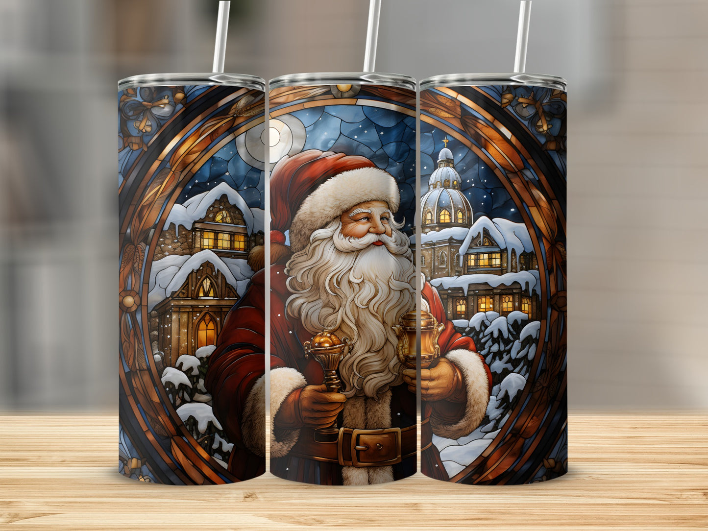 Santa Claus with gifts in stained glass style against snowy village background.