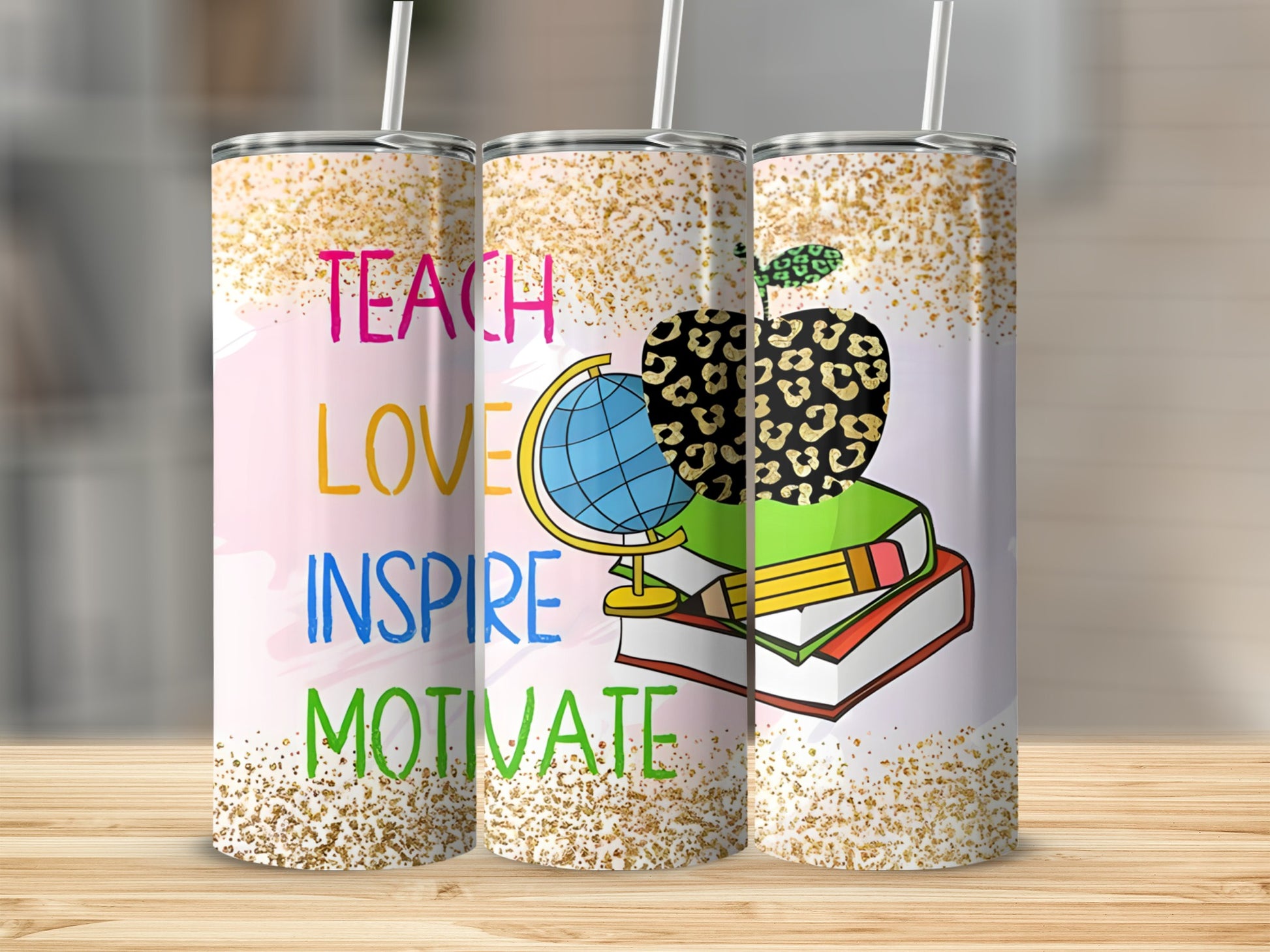 Tumbler with "Teach Love Inspire Motivate" and apple with books design.