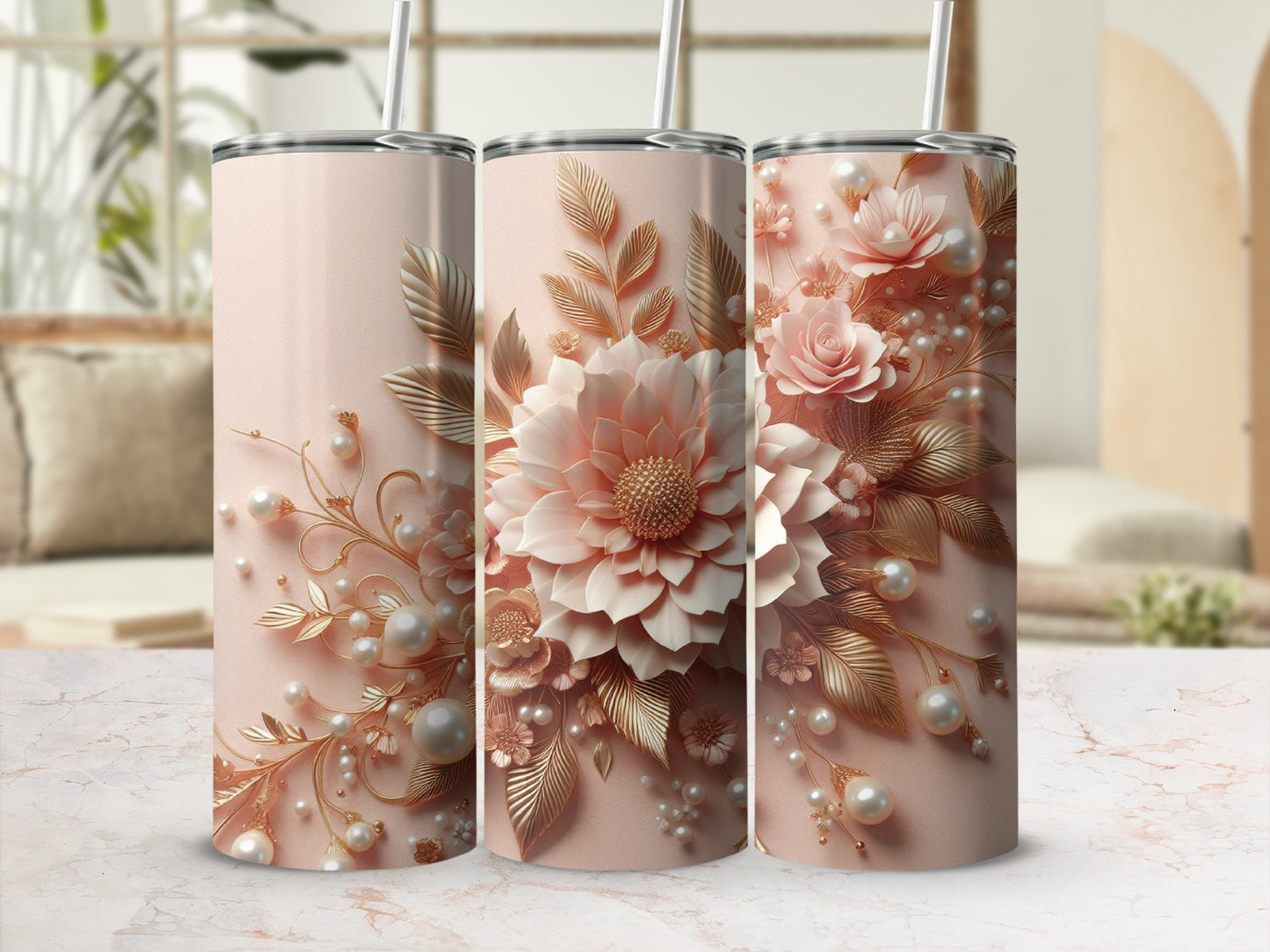 Pink tumbler with floral and pearl embellishments and rose gold accents.