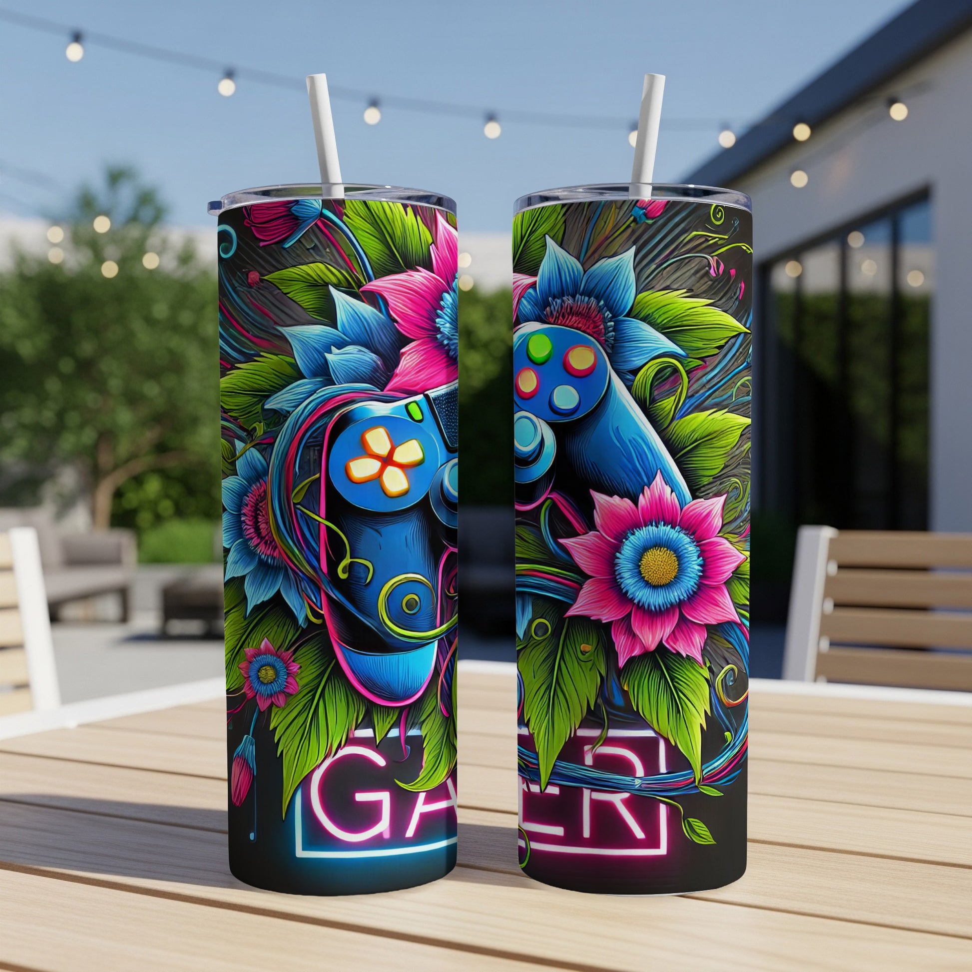 Two tumblers with a neon gamer controller and floral design.