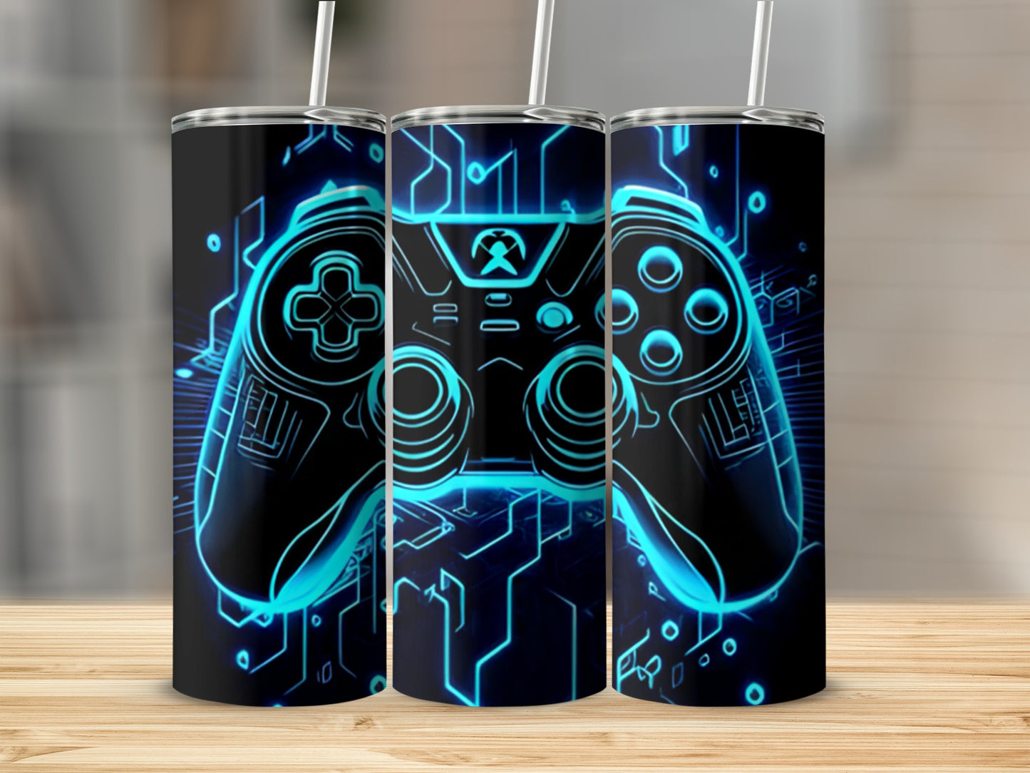 Illuminated Xbox controller on a circuit board background.