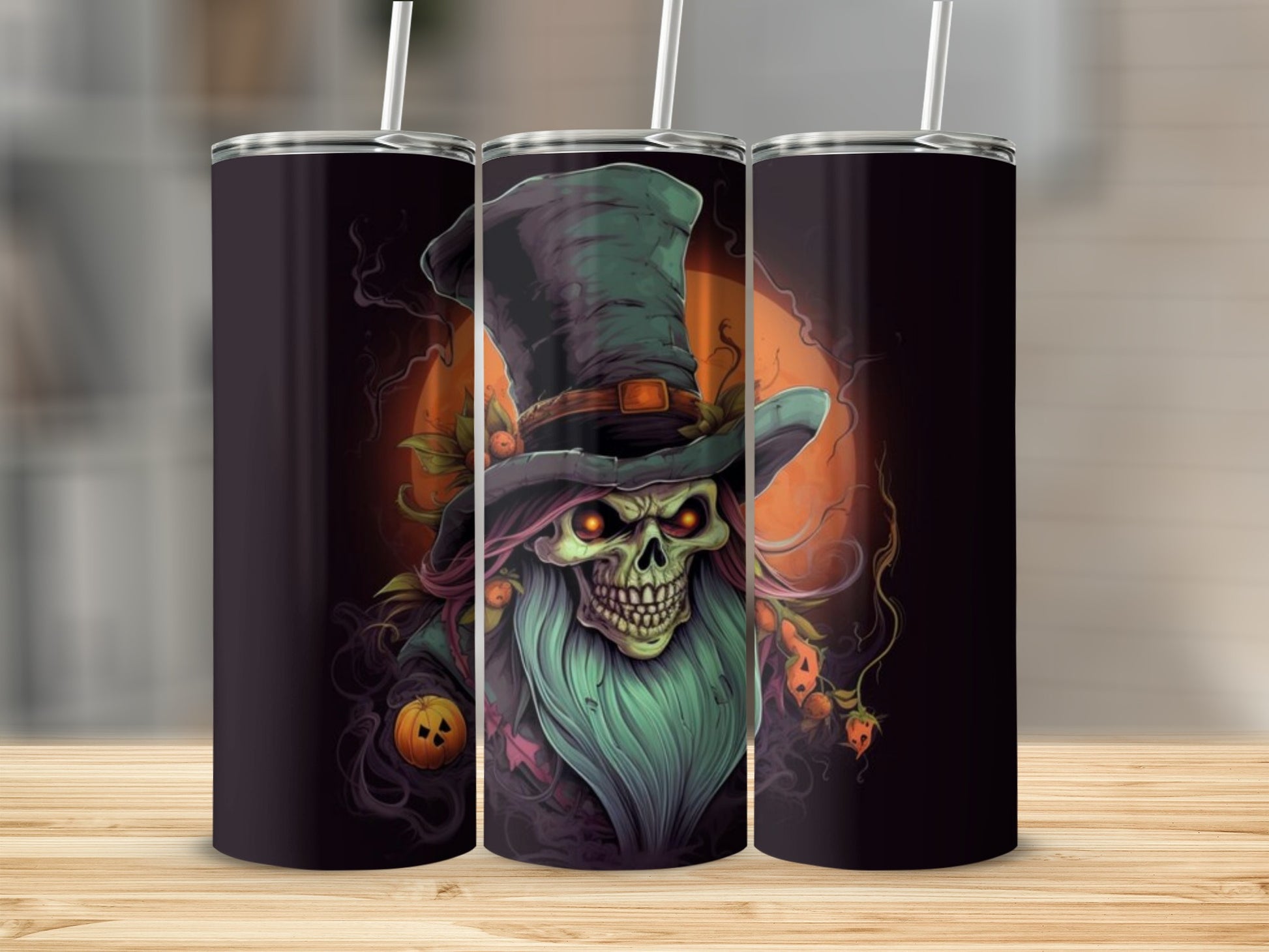 Tumbler with a spooky skull wearing a green hat and long beard.