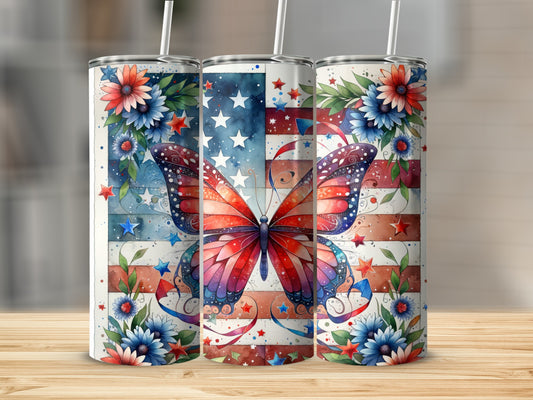 American flag butterfly and floral design on three tumblers.