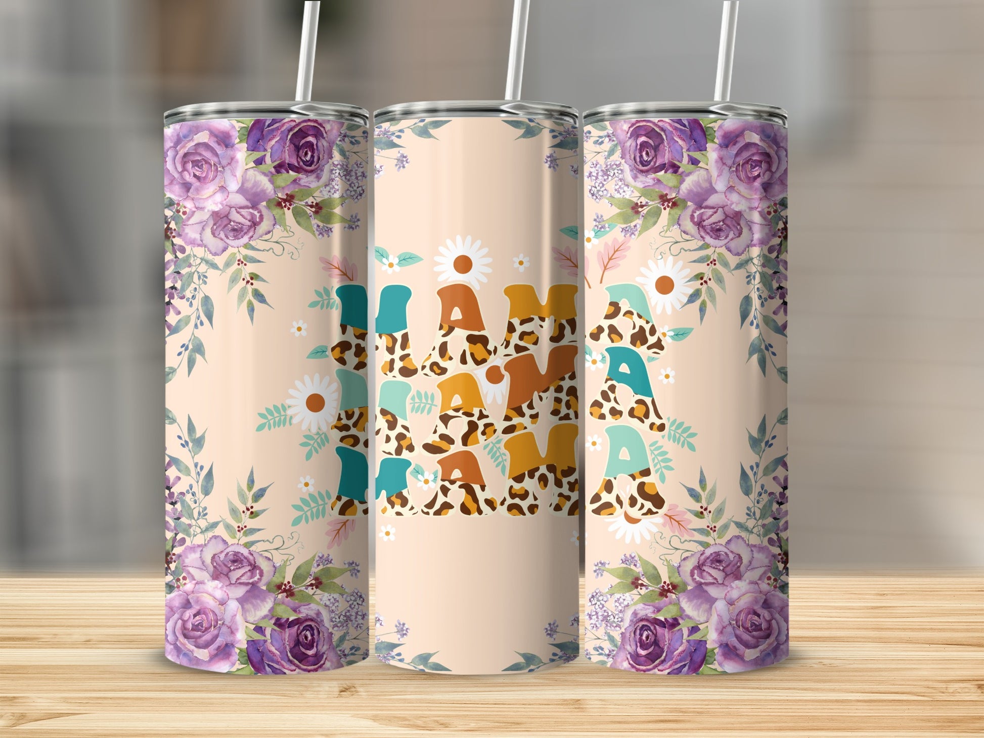 Floral Mama Leopard Print Design Tumbler Cup
