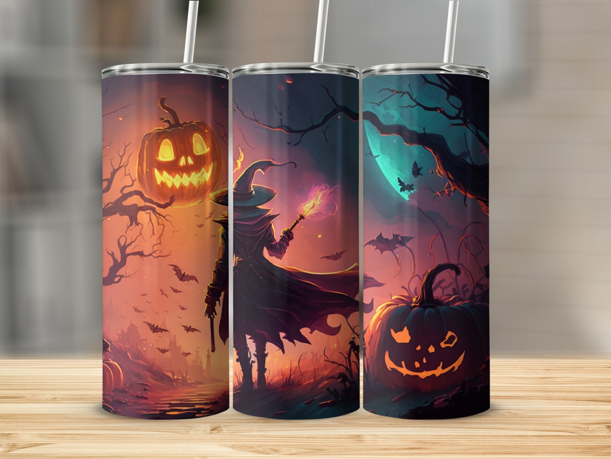 Three tumblers display Halloween scenes with pumpkins, bats, and a witch.