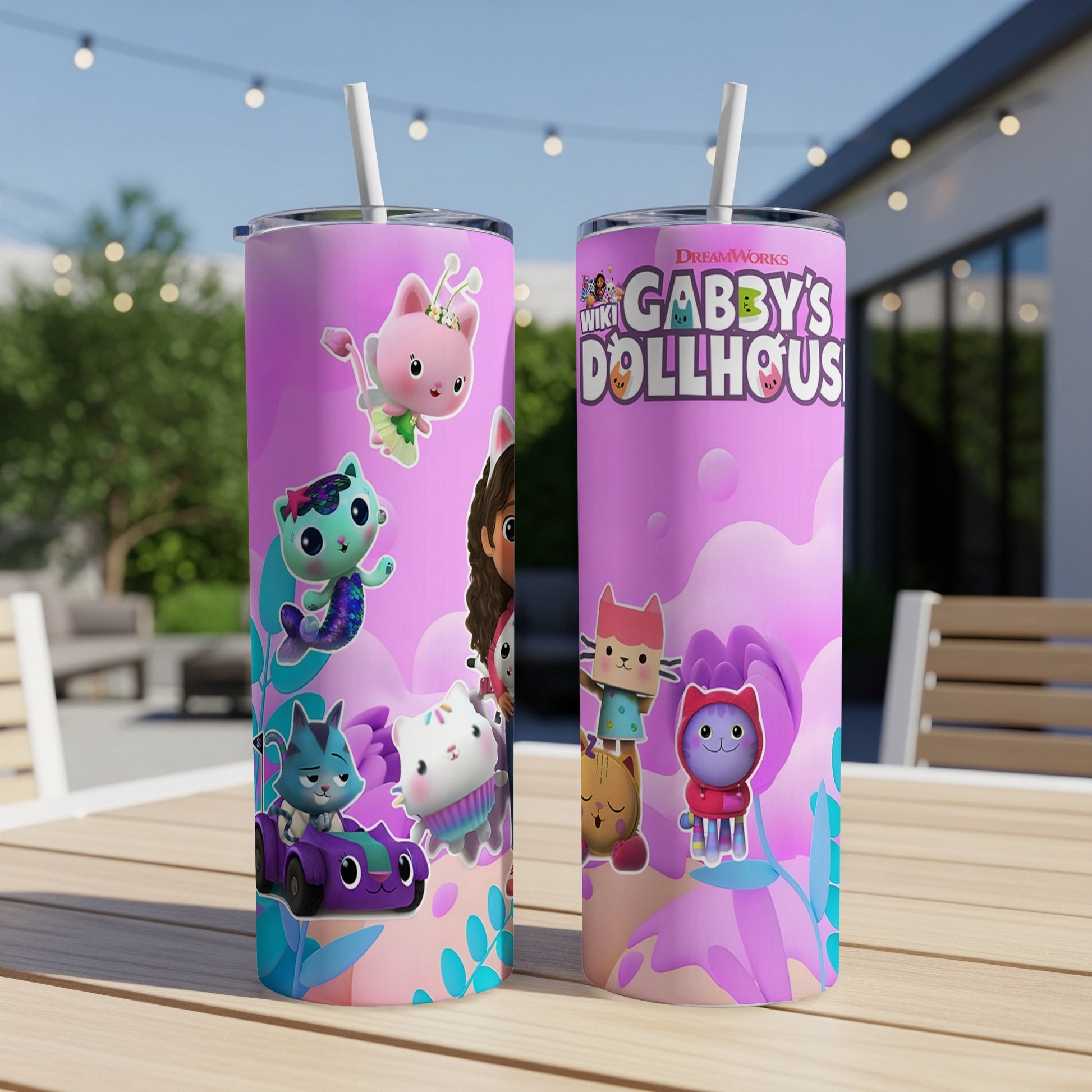 Two Gabby's Dollhouse tumblers with characters on a pink background.