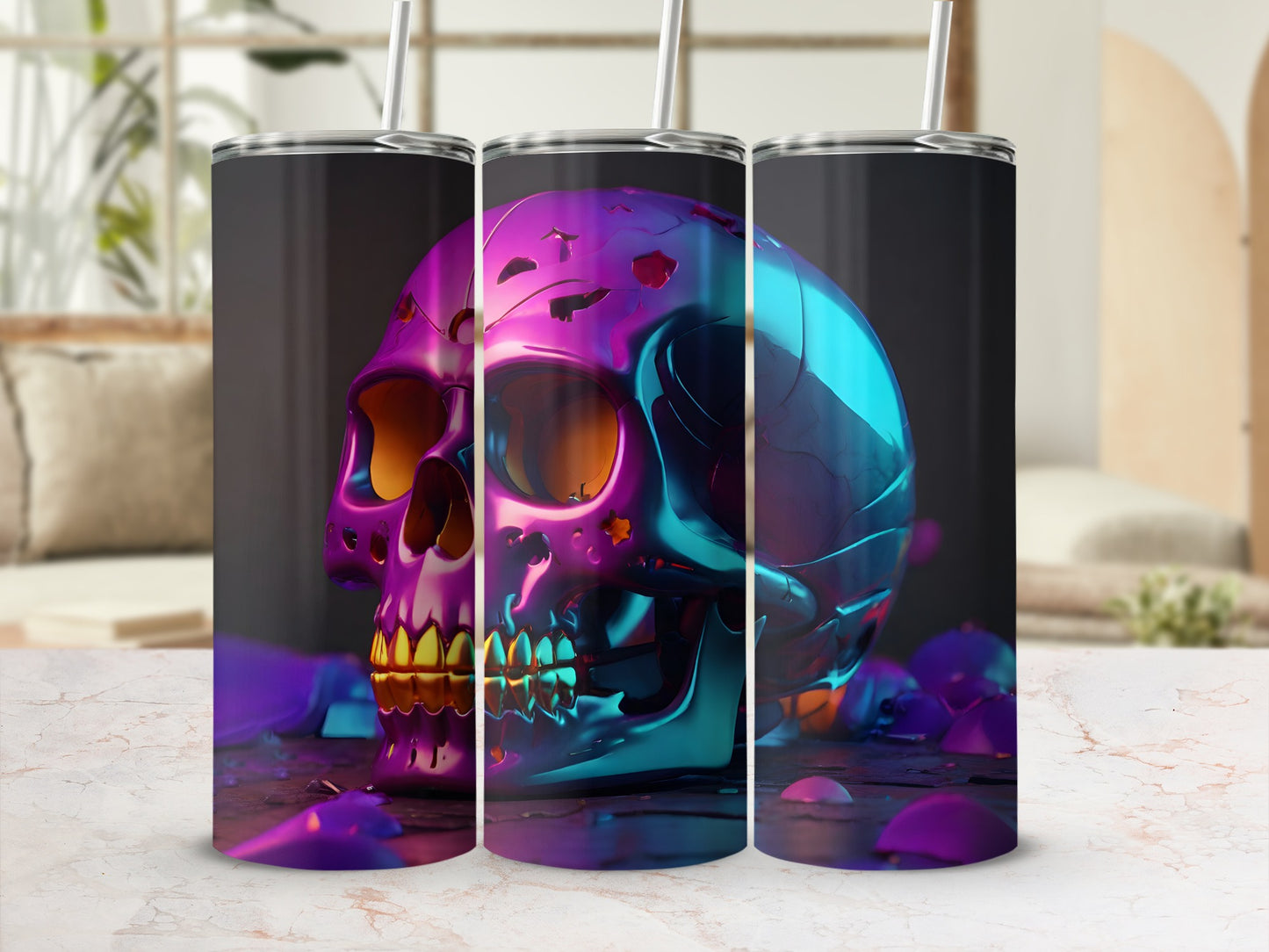 Iridescent skull tumbler with straw on marbled surface.