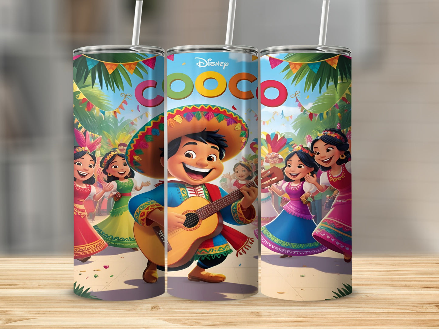 Coco movie character Miguel playing guitar with dancers at a festival.