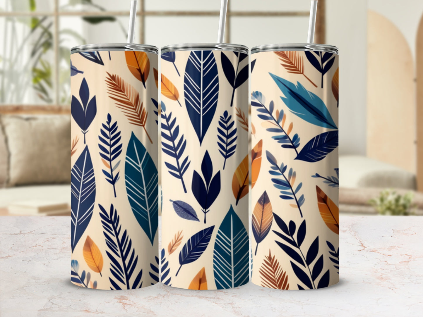 Three tall tumblers with a repeating pattern of abstract leaves and branches.
