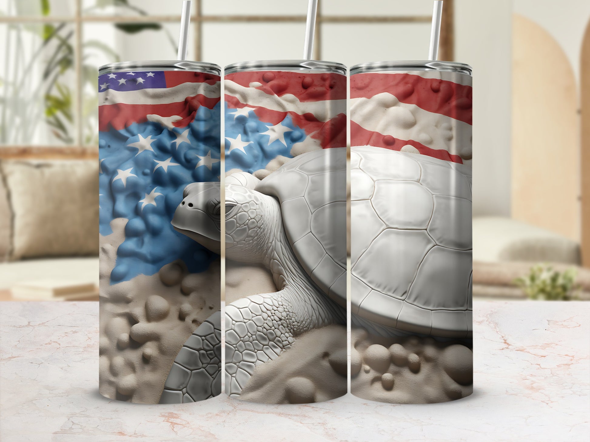 Three tumblers featuring a sea turtle and American flag design.