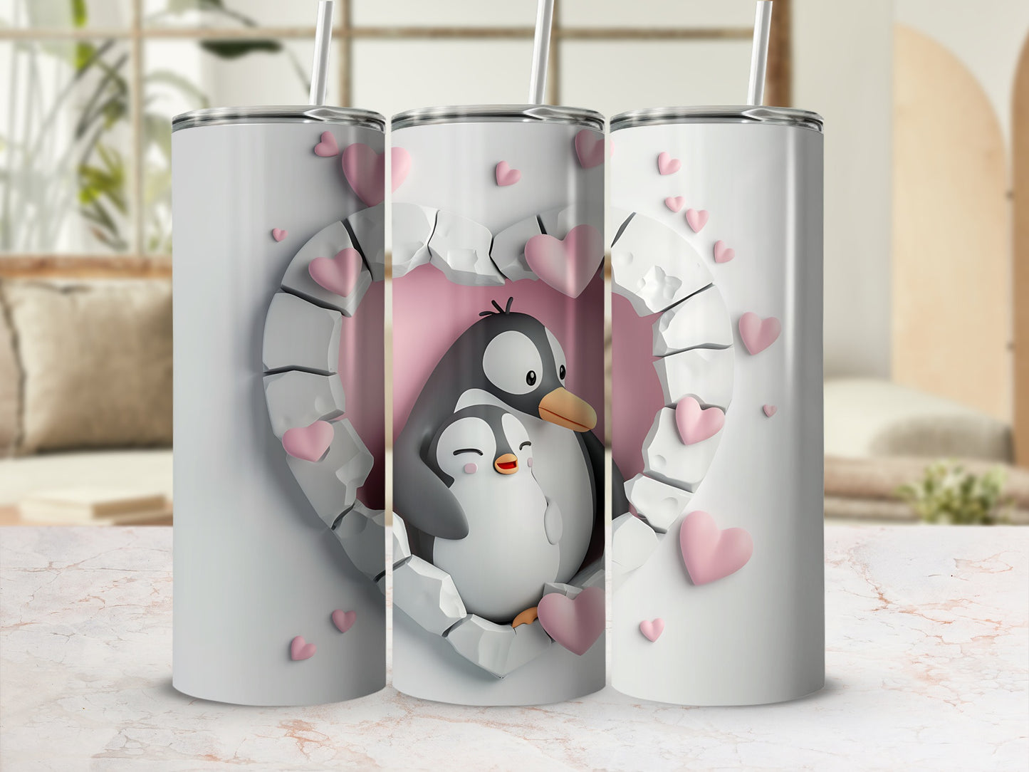 Two cartoon penguins hug inside a heart-shaped opening on a white tumbler.