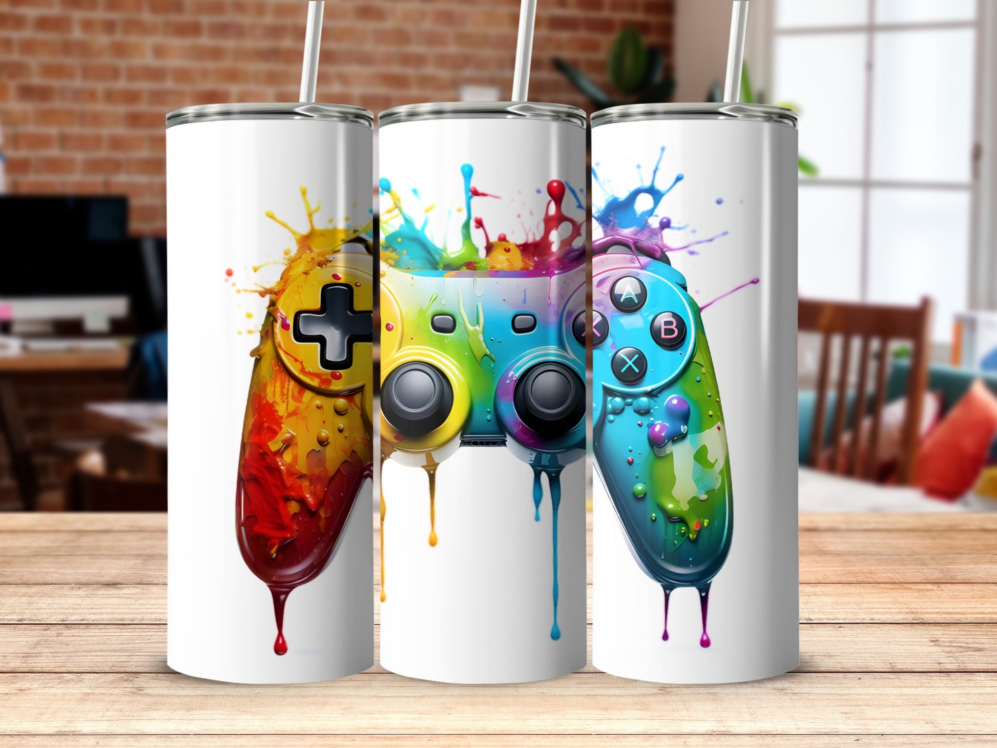 Colorful Gaming Controllers Splatter Art Tumbler
