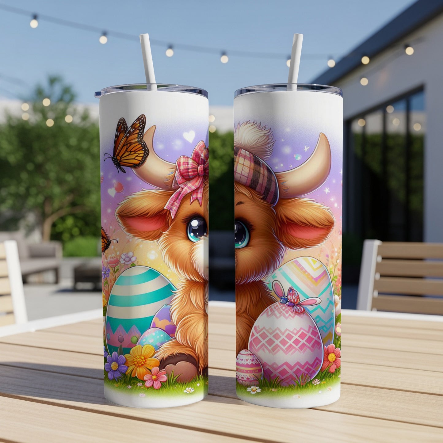 Easter tumbler with a cartoon calf, decorated eggs, and butterflies.