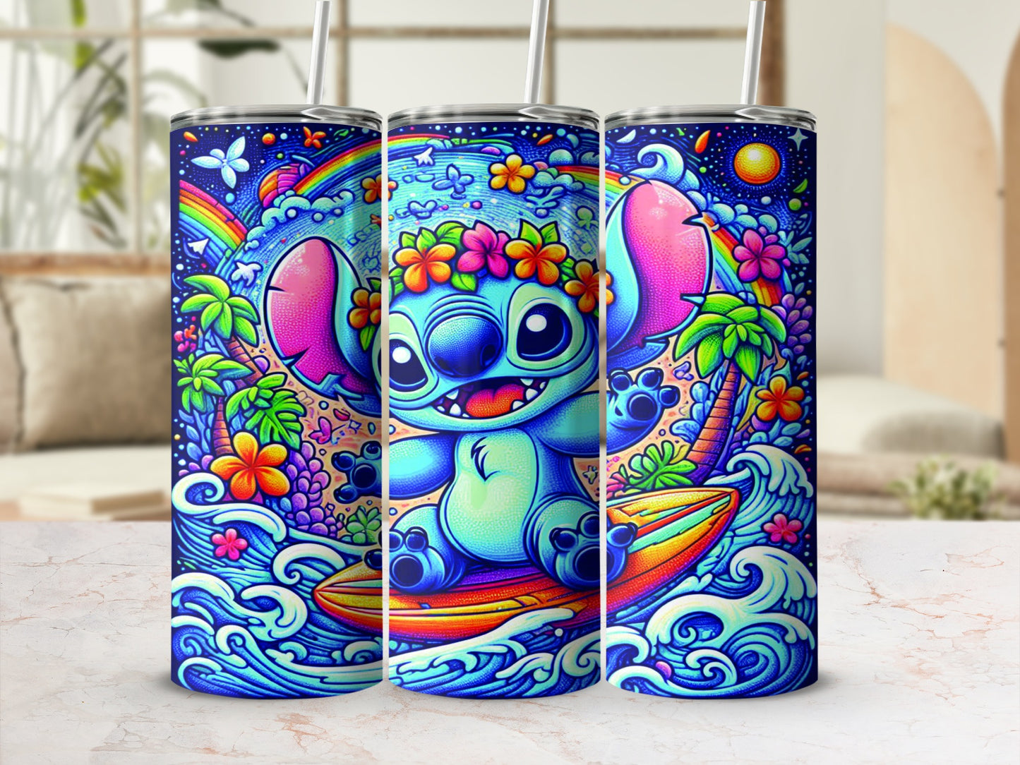 Stitch riding a surfboard with tropical flowers and rainbow.