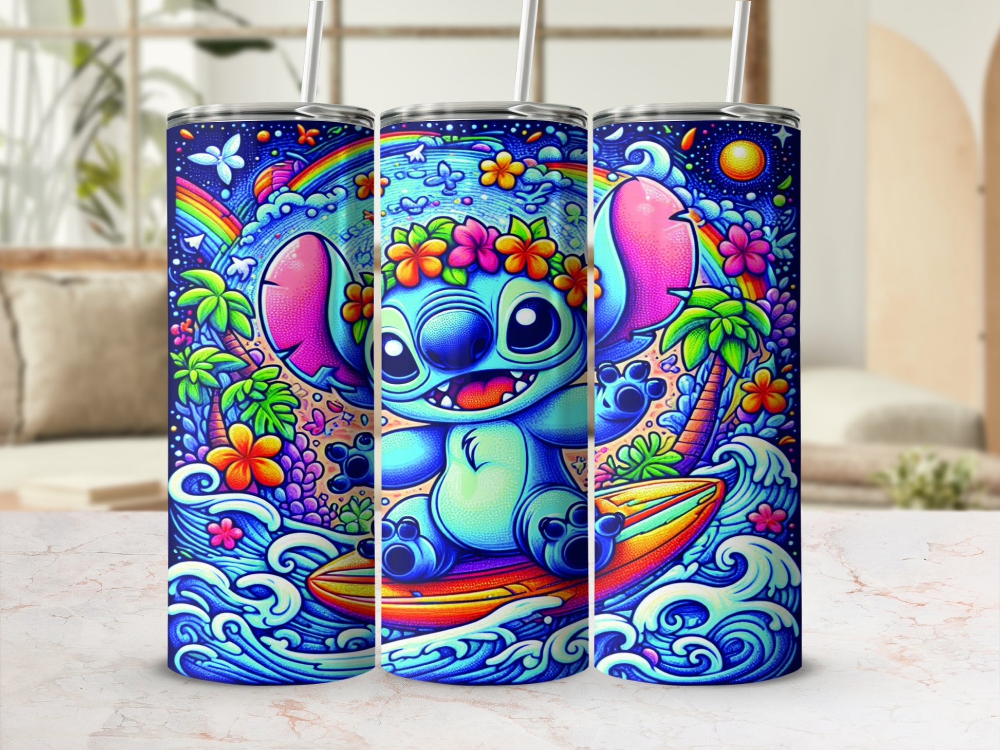 Stitch riding a surfboard with tropical flowers and rainbow.