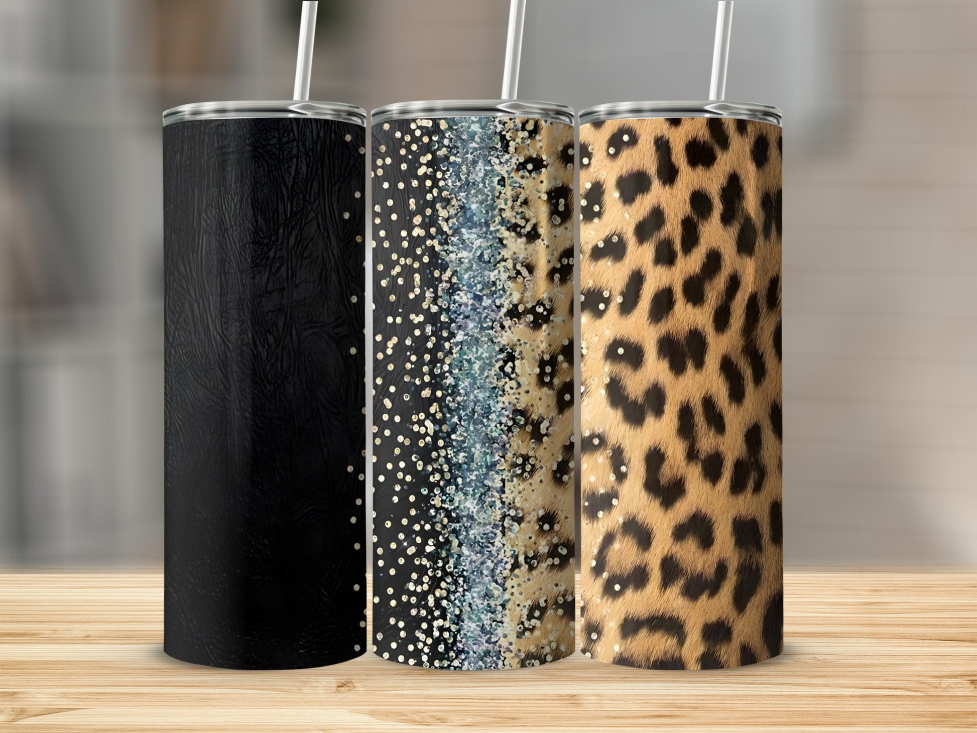 Three tumblers: black textured, glitter confetti, and leopard print.